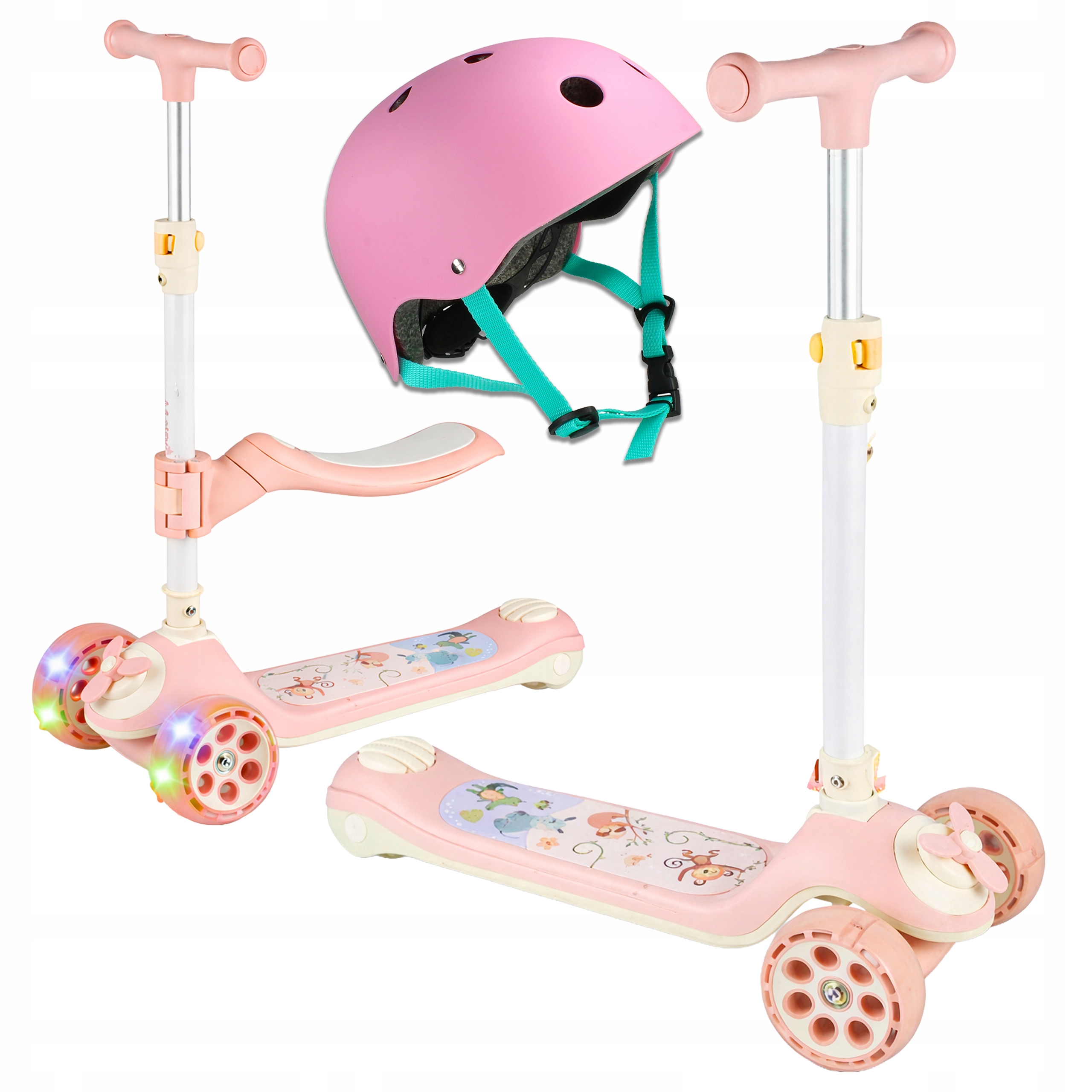 Hulajnoga Trójkołowa Dla Dzieci 2W1 Koła Led Kask Regulowany 48-54CM