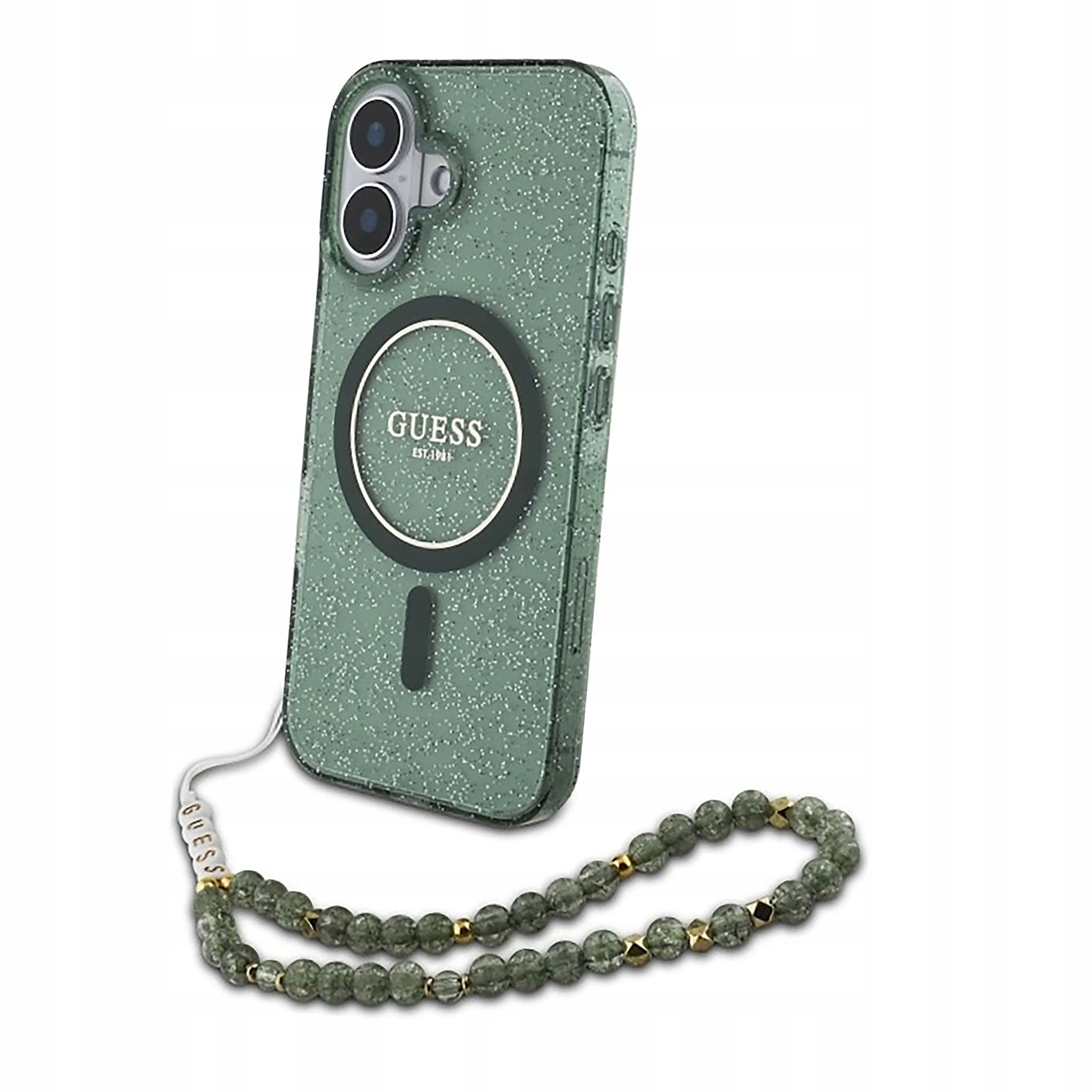 Etui Guess IML Glitter With Pearl Strap MagSafe do iPhone 16 Plus