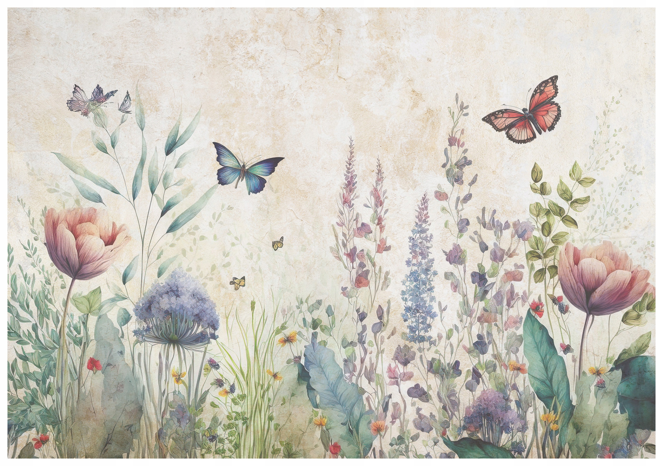 Vliesová fototapeta Květiny motýli na béžovém pozadí, textura 150x105 lepidlo
