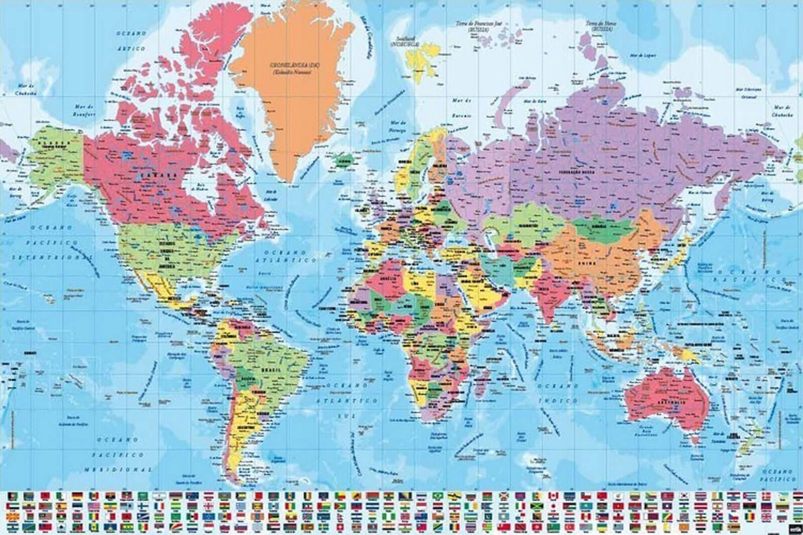 

Polityczna Mapa Świata Flagi plakat 91,5x61 cm