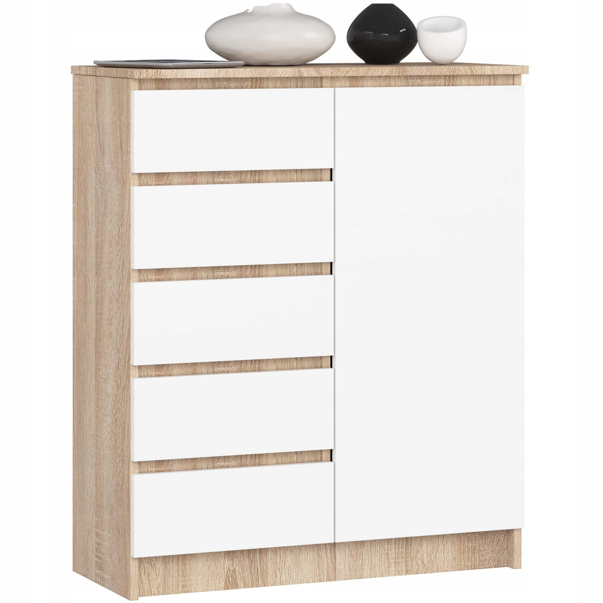 Komoda Jerry 80 cm 1 dvere 5 zásuviek dub sonoma/biela