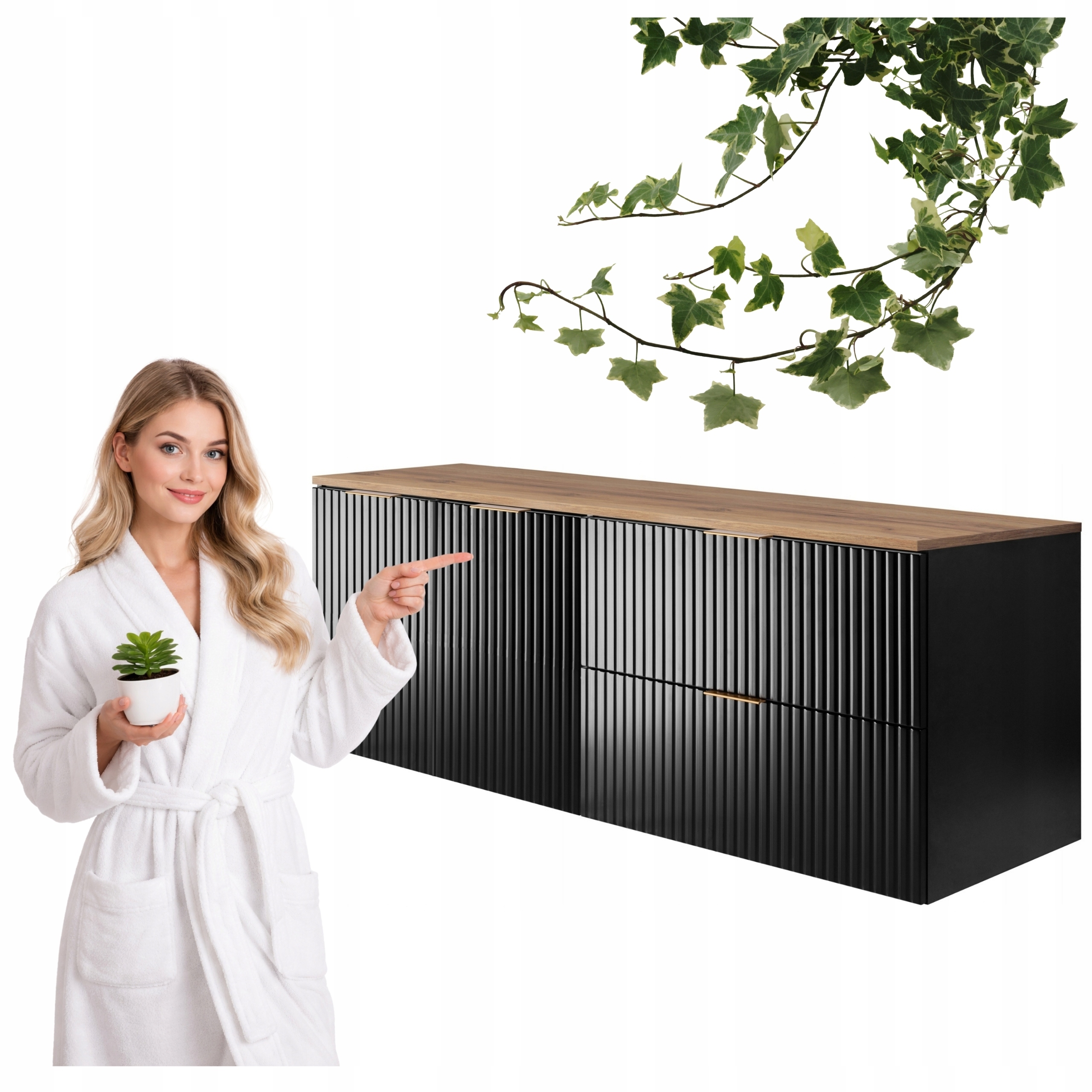 Szafka Łazienkowa Wisząca Szuflady Drzwi Czarna 140x46 CM Z Dębowym Blatem