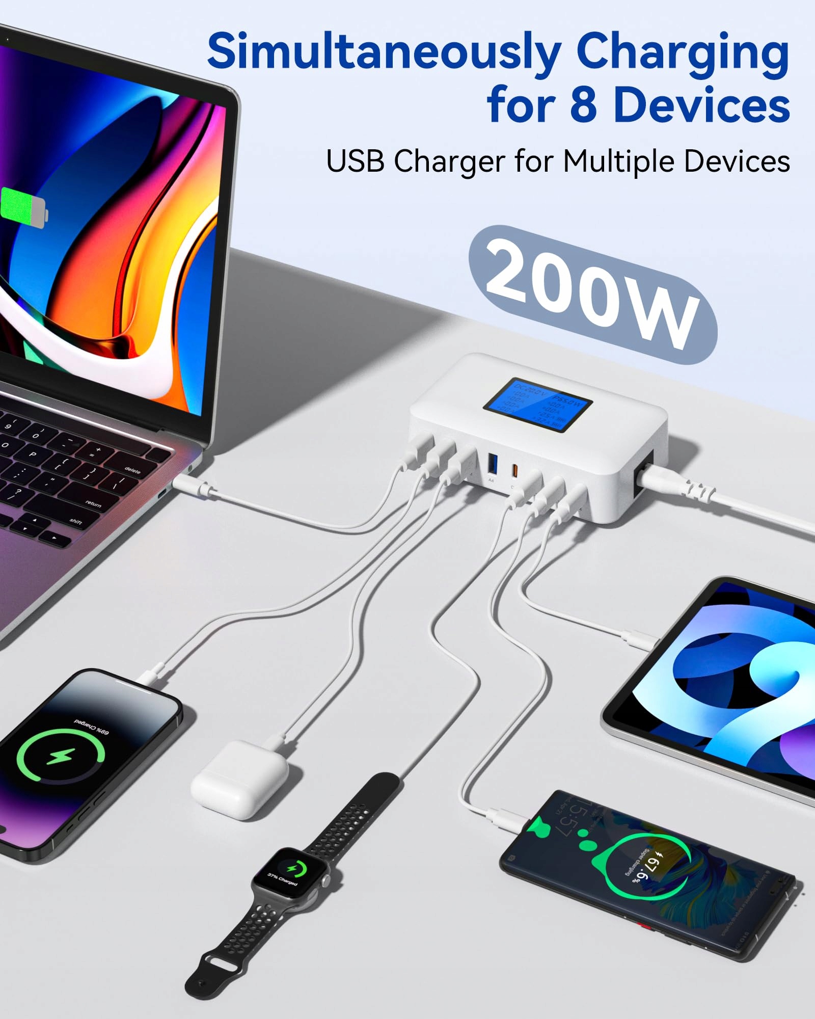 Ładowarka USB C, 200 W, wielokrotna – 8-portowy zasilacz USB C — miniatura 5
