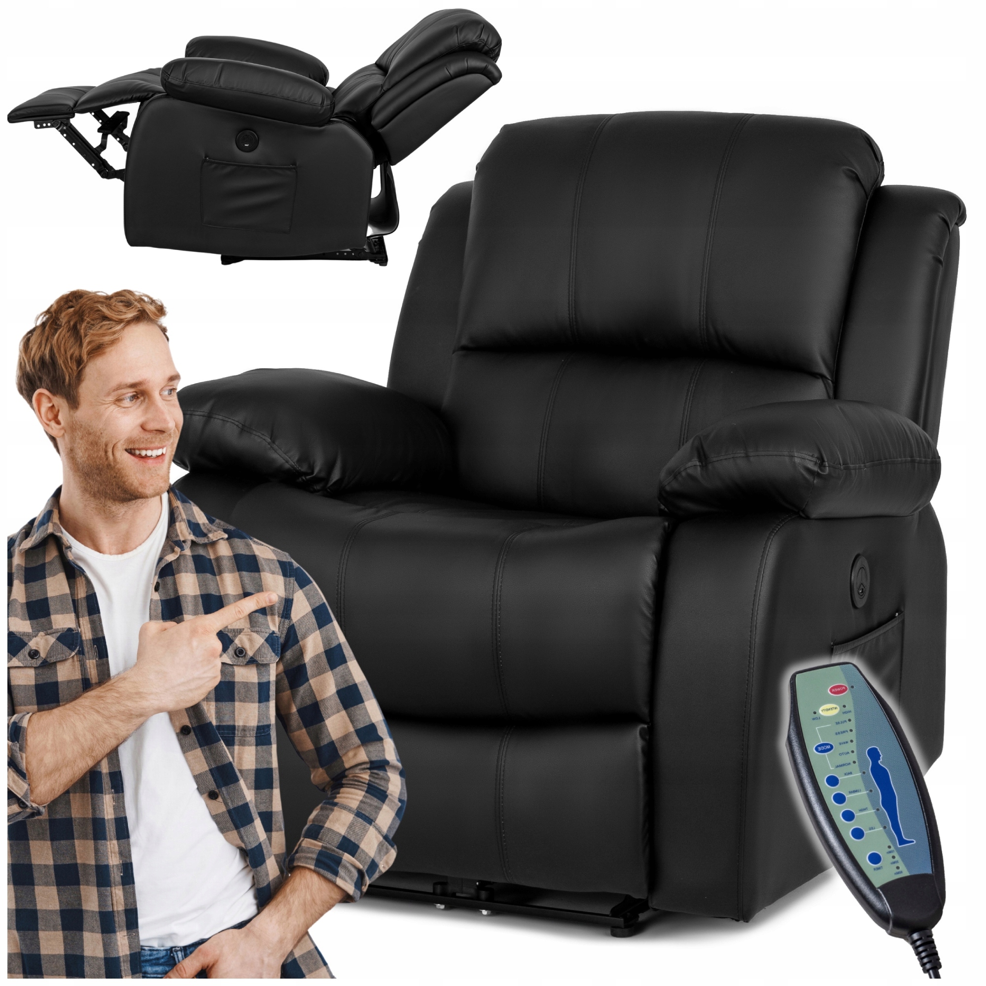 Masážní křeslo elektrické rozkládací ekokůže černá Bono