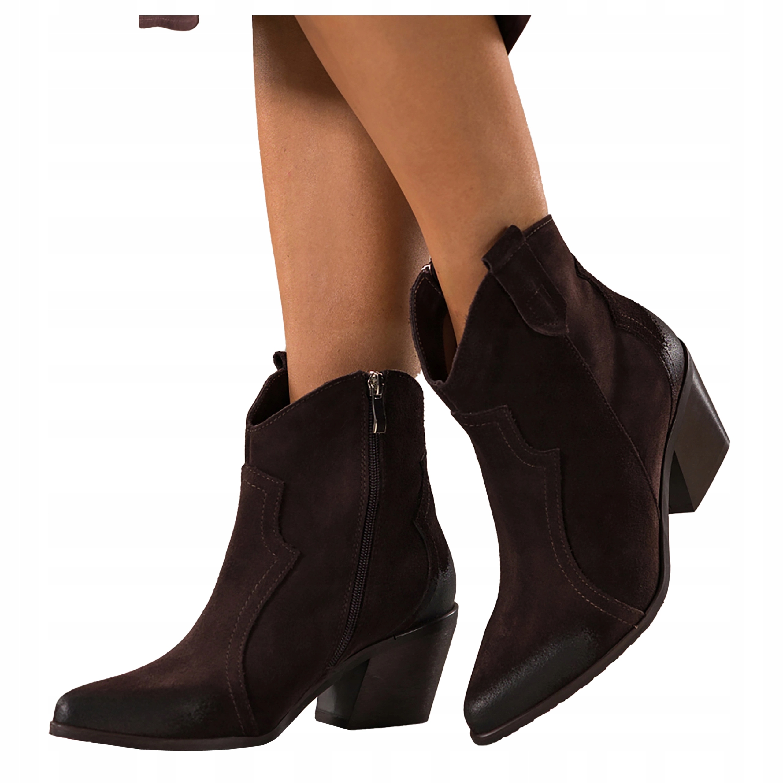 Dámské Kotníkové Boty Čokoládové Kožené Kovbojské Boty Pohodlné Zkosená kostka vel. 41