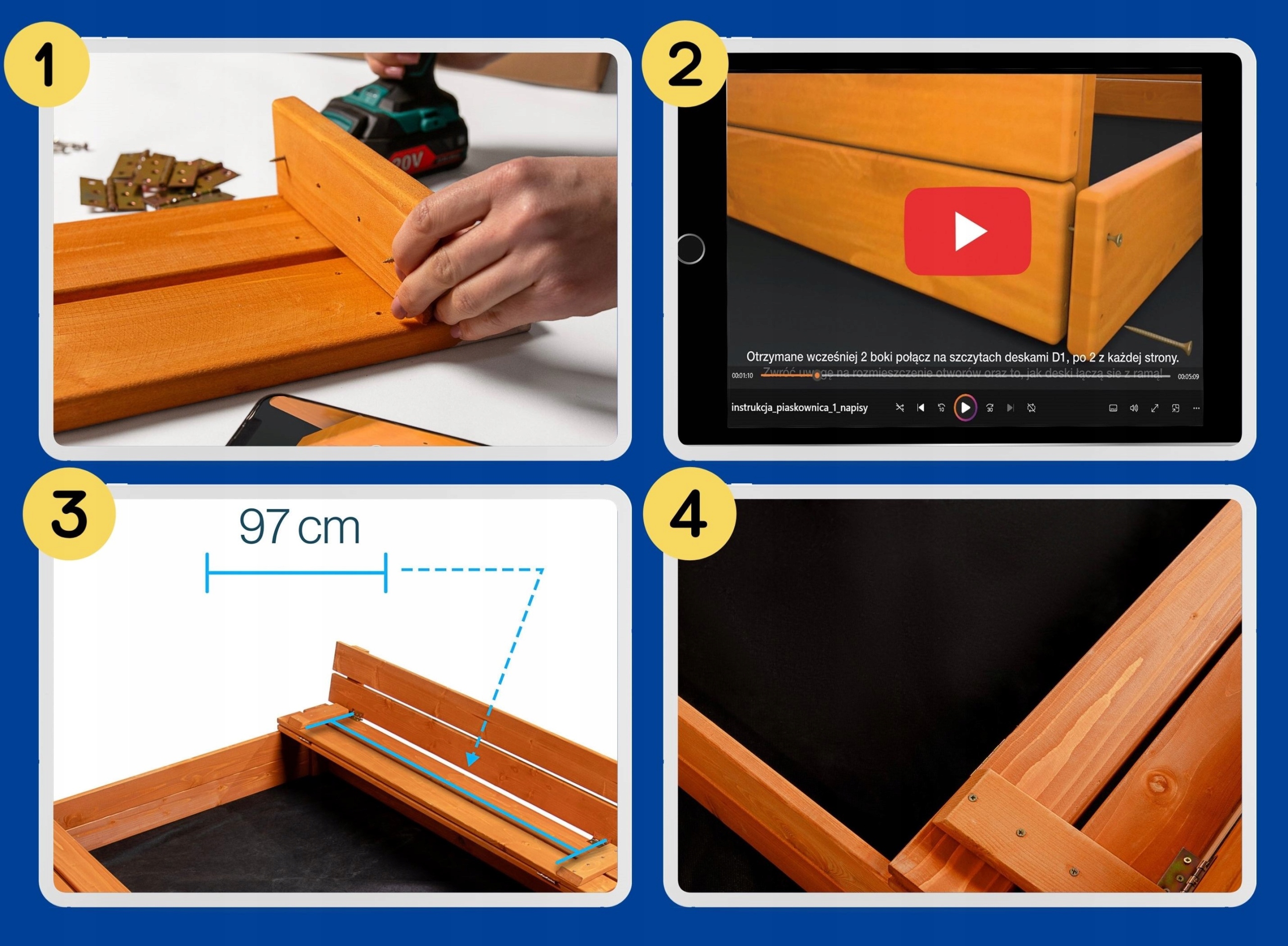PIASKOWNICA DREWNIANA IMPREGNOWANA ZAMYKANA 120 OTWORY INSTRUKCJA VIDEO 3D Dodatkowe informacje Ławka Pokrywa