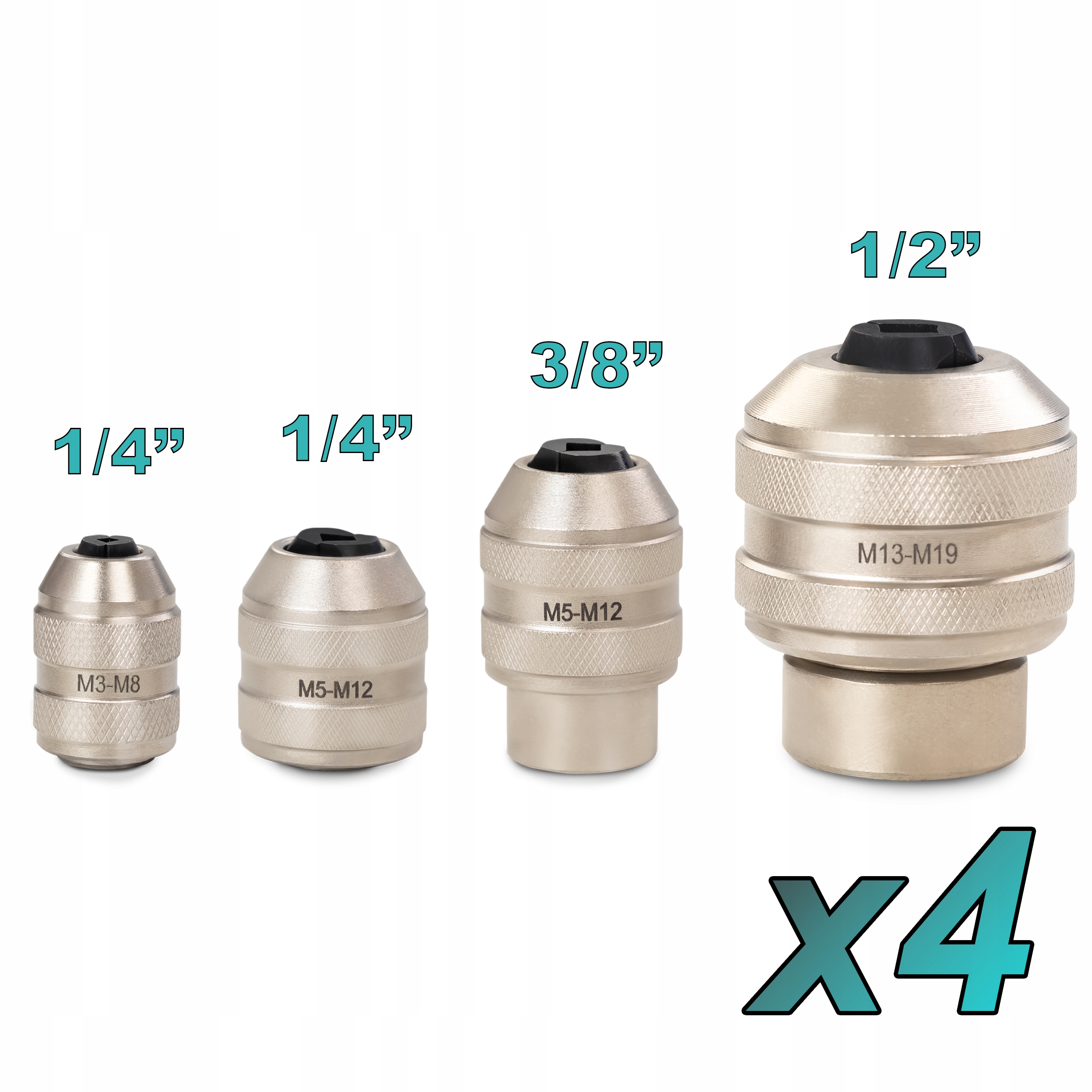 Zestaw 4 uchwytów samozaciskowych do gwintowników M3-M8 / M5-M12 / M13-M19