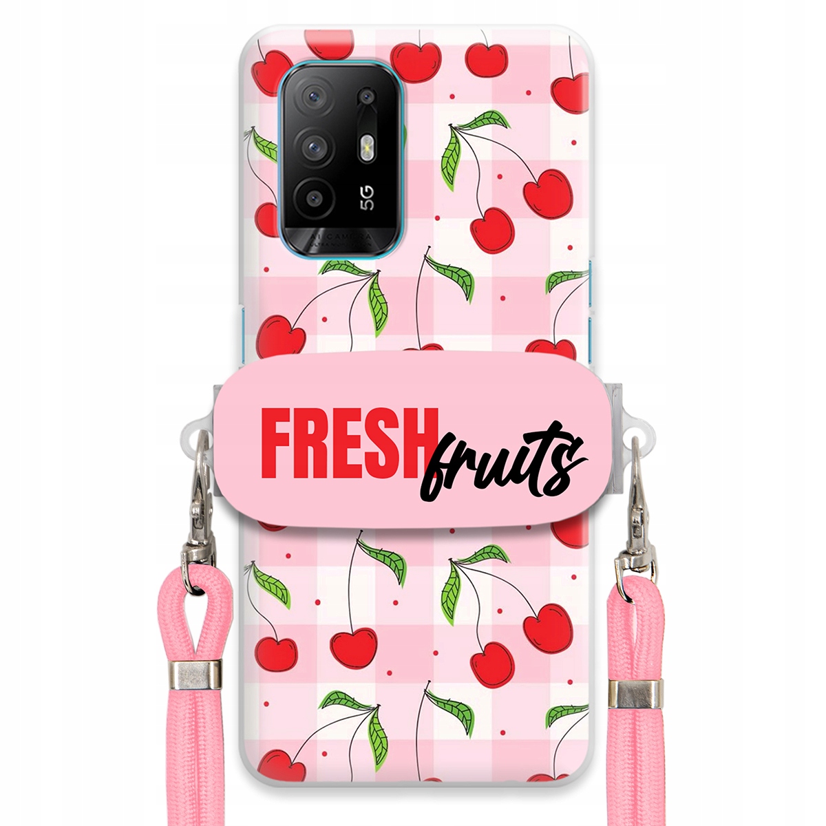 Pouzdro pro Oppo F19 Pro Plus 5G Case Držák Šňůra Růžová Fresh Fruits Mřížka