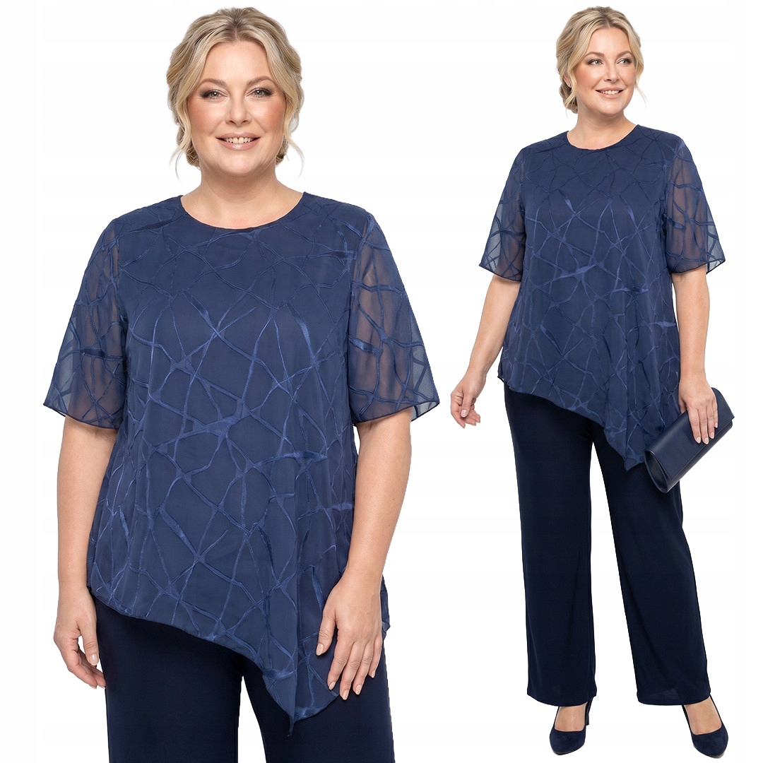 Asymetrická tmavě modrá tunika s lesklými vzory plus size velikost 52