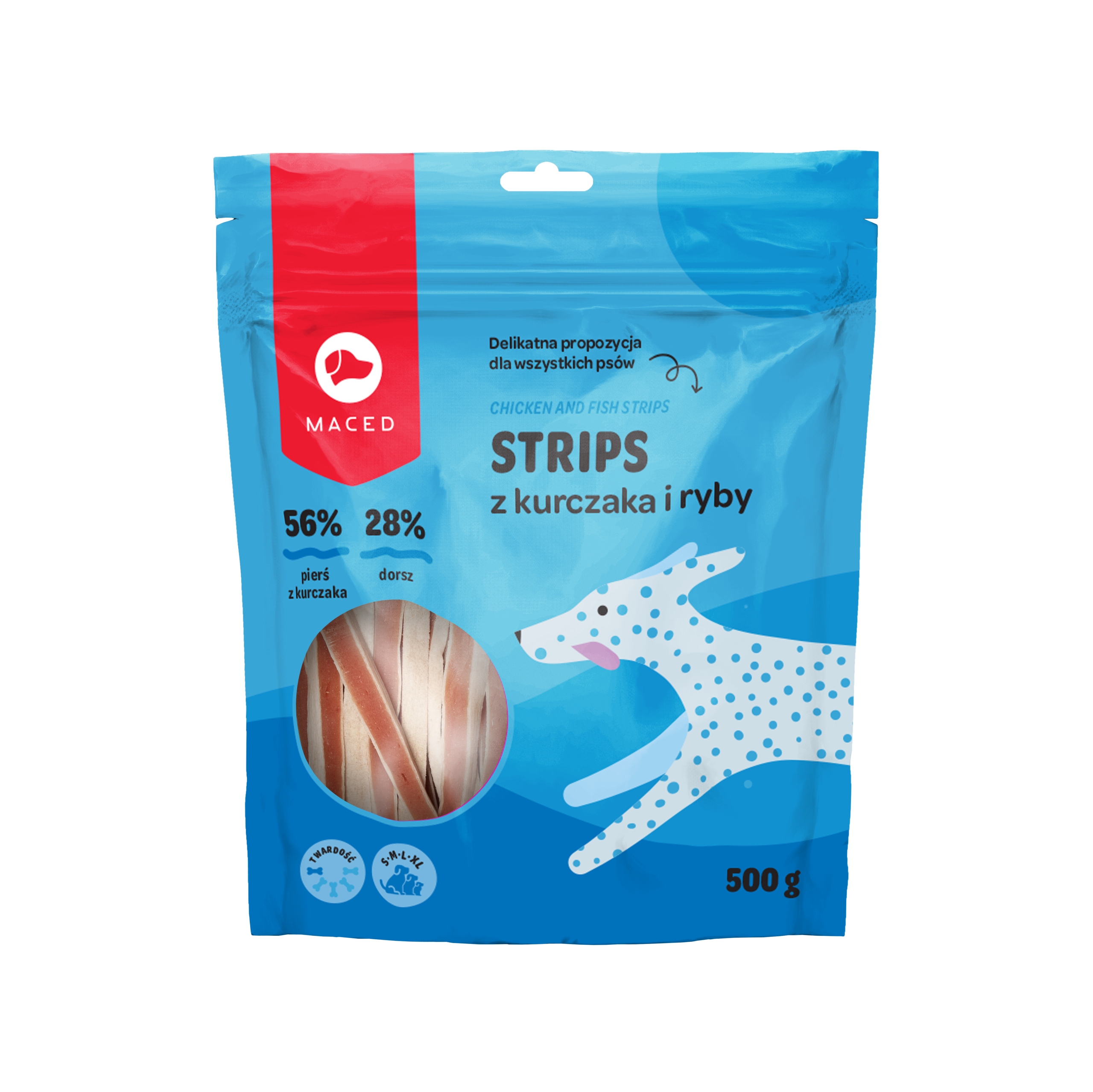 MACED STRIPS Z KURCZAKA I RYBY 500G PRZYSMAKI DLA PSA