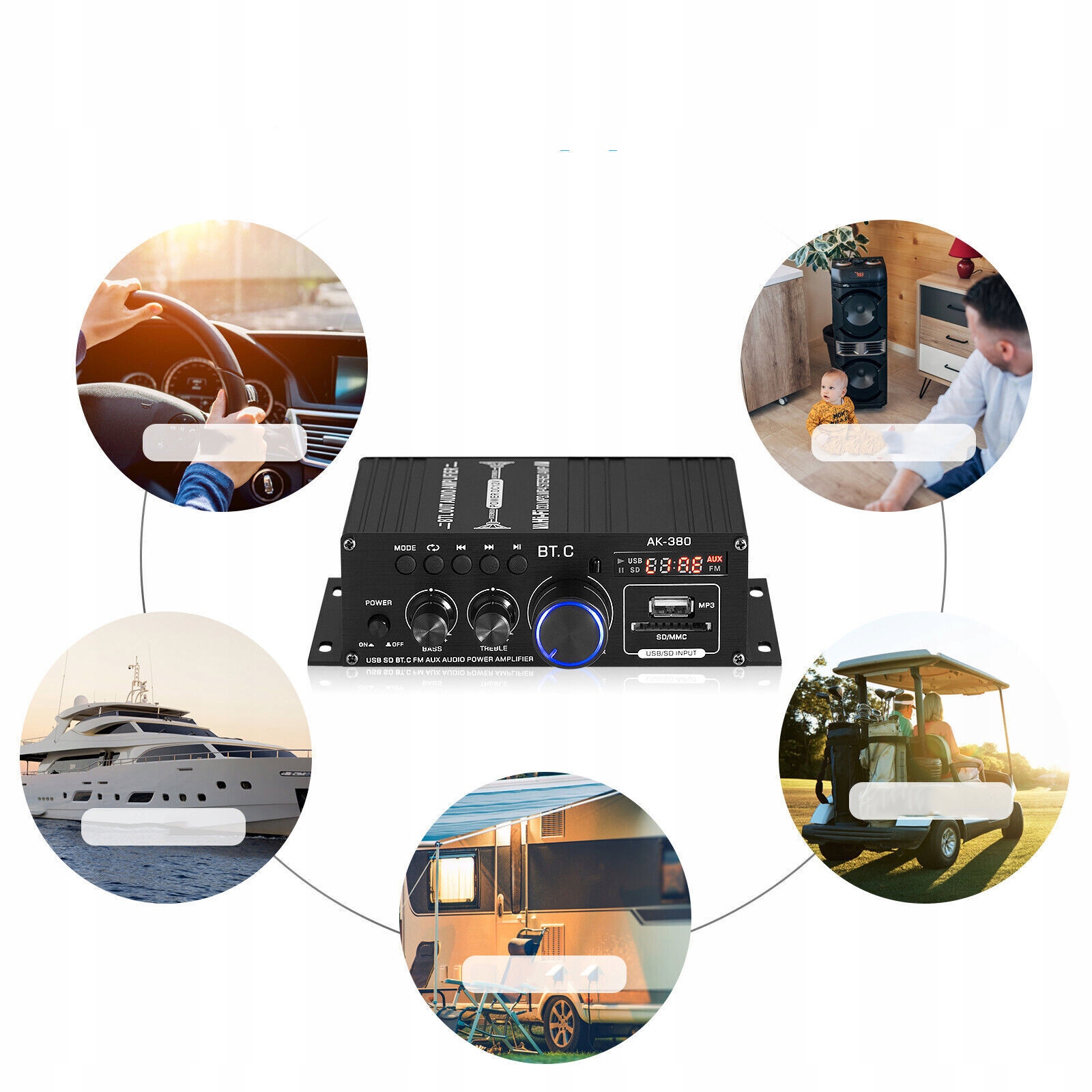 BLUETOOTH WZMACNIACZ AUDIO STEREO MINI WZMACNIACZ, DO DOMOWY, SAMOCHODOWEGO Moc znamionowa RMS 40 W