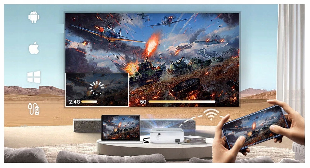 Projektor Rzutnik Full HD 4K WiFi Android 11 TV 20000lm 700ANSI Bluetooth Żywotność lampy w trybie ekonomicznym 40000 h