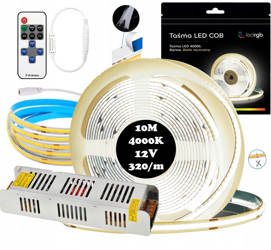 Sada Led pásků Neon Cob 12V 10 m 4000K Bílá Neutrální Napájecí Zdroj Dálkový Ovladač 8 mm