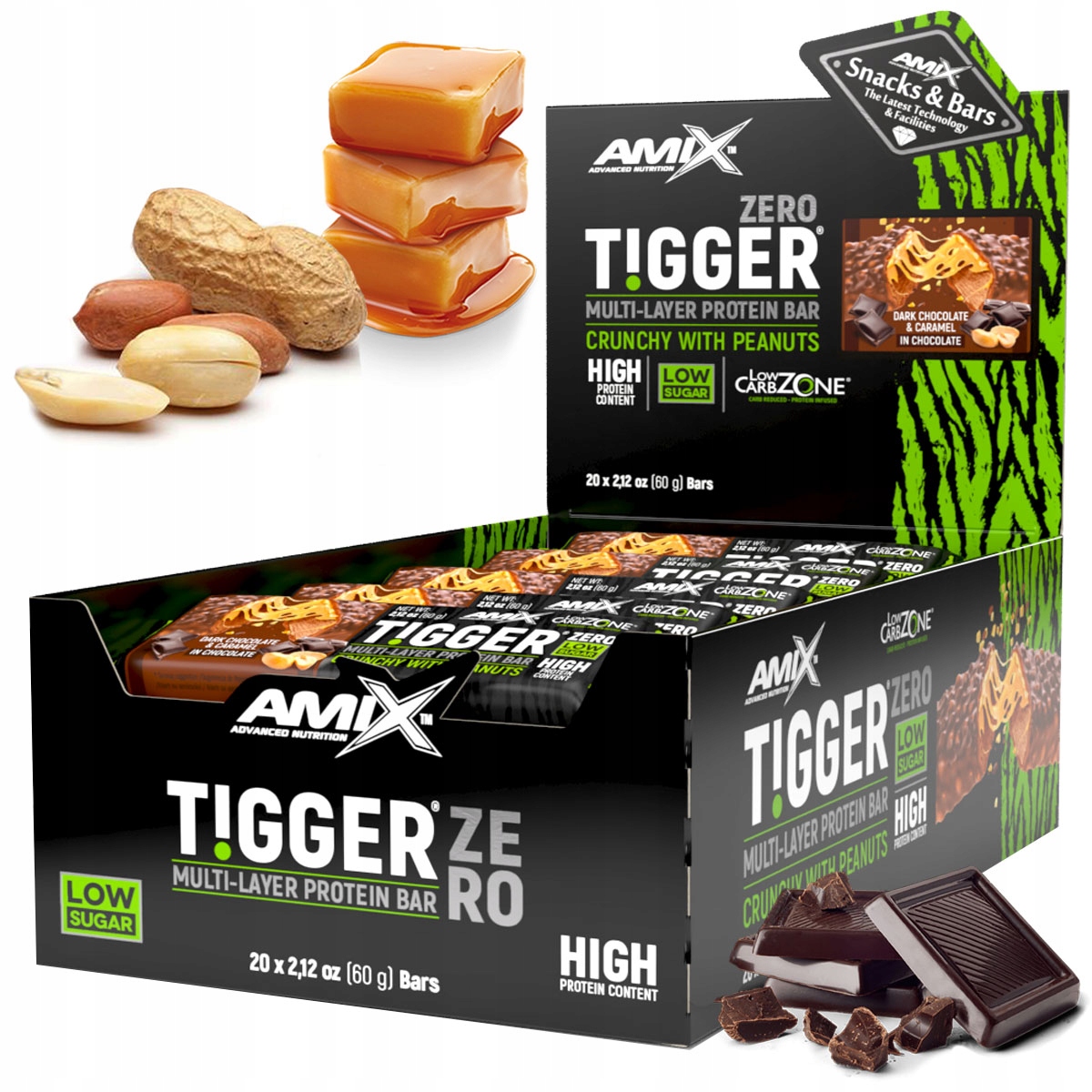 Proteinové Tyčinky bez cukru Amix křupavé, lahodné! Čokoláda Karamel Oříšky