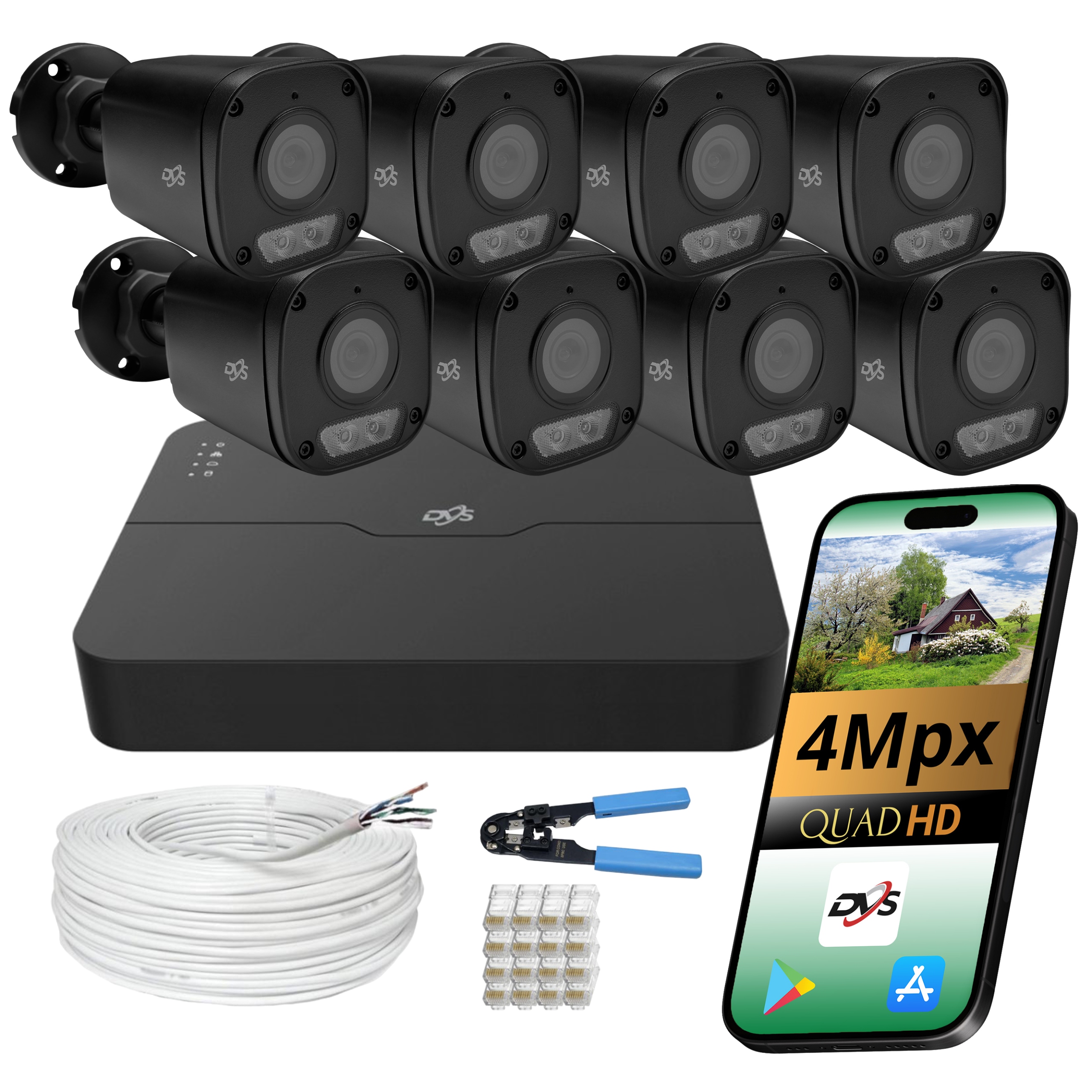 Sada 8 tubusových kamer Dvs Ip PoE 4Mp Dual Light Černá pro monitorování domu