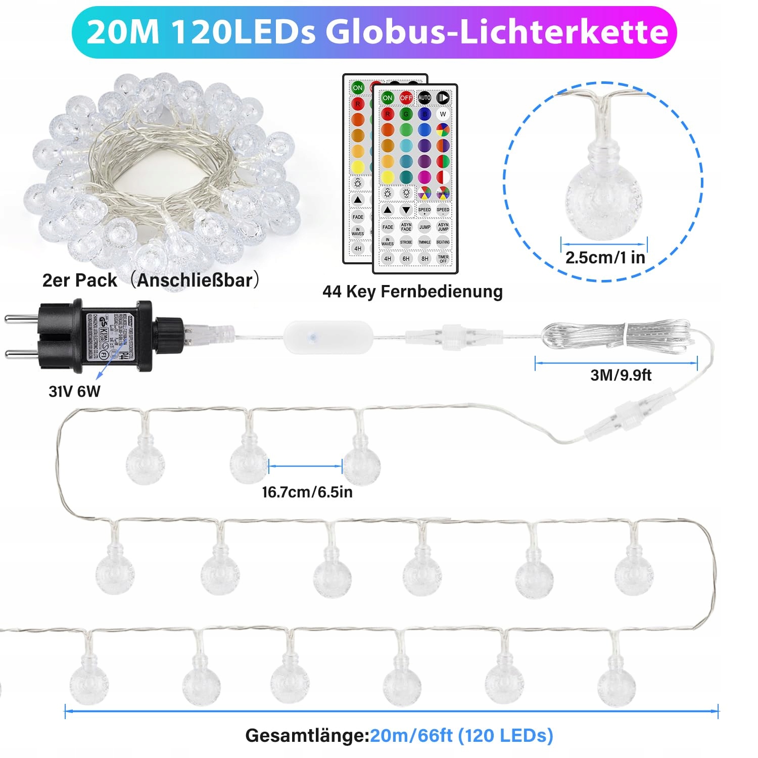 STARRYEVER 120 LED Lampki Zewnętrzne 20M 24 Kolory Kryształowe Kule — miniatura 5