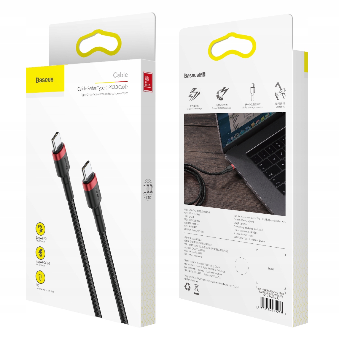 BASEUS MOCNY KABEL USB-C SZYBKIE ŁADOWANIE TYP-C TYPE-C PD 60W QC 3.0 1M Złącza USB typ C - USB typ C