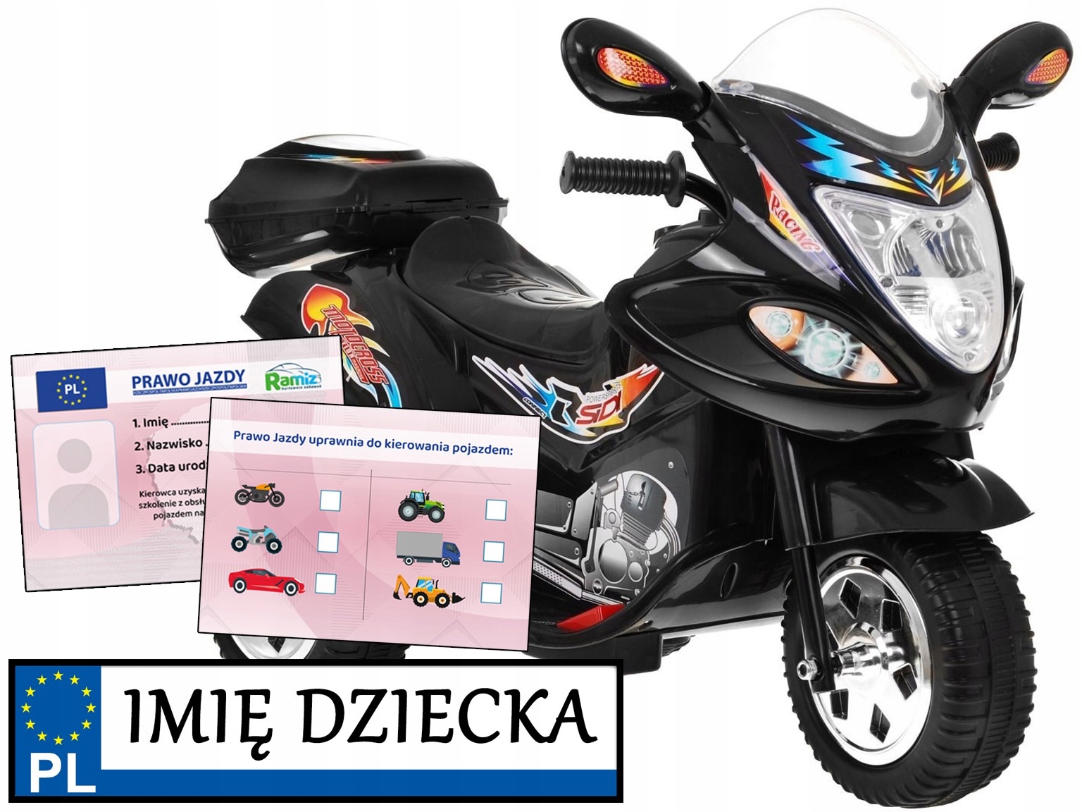 stabilny Trzykołowy Motorek melodyjki Personalizacja Tablic prawo jazdy