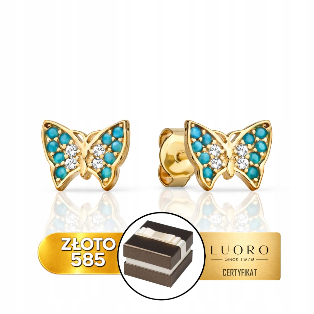 Náušnice Zlaté 585 14K Motýlci Modrý Kámen Zirkon Dýka 0,8 CM