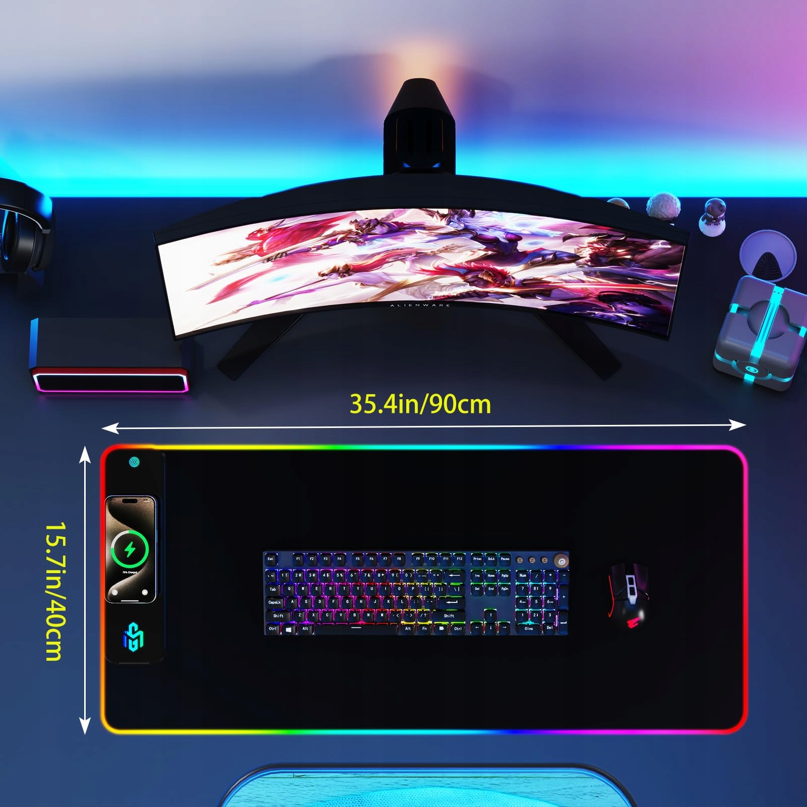 RGB GAMING Podkładka LED Qi 900x400mm Szybkie Ładowanie — miniatura 7