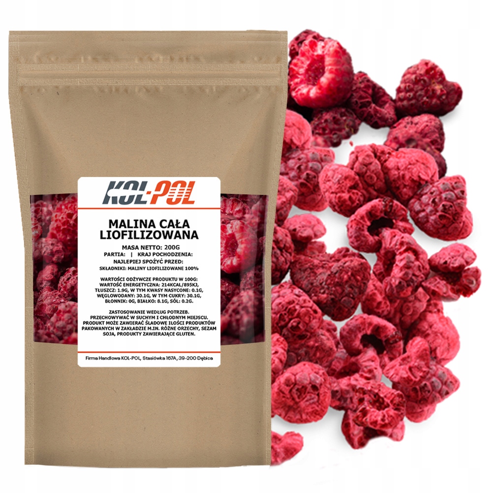 Maliny Liofilizowane 200g Całe Owoce liofilizowane Malina jakość Kol-Pol