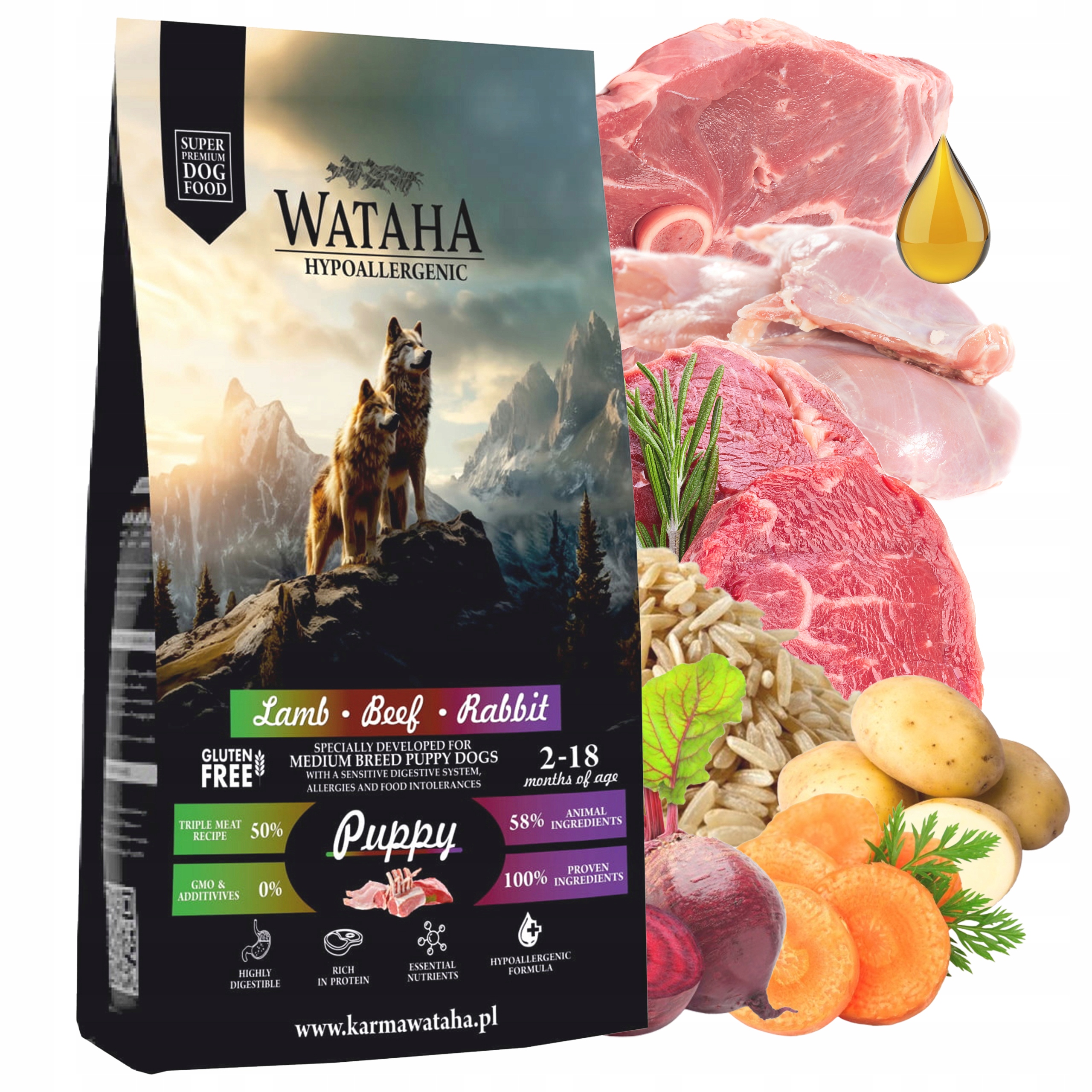 Wataha Hypoallergenic Puppy Lamb Beef Rabbit 6 kg Rasy średnie i duże