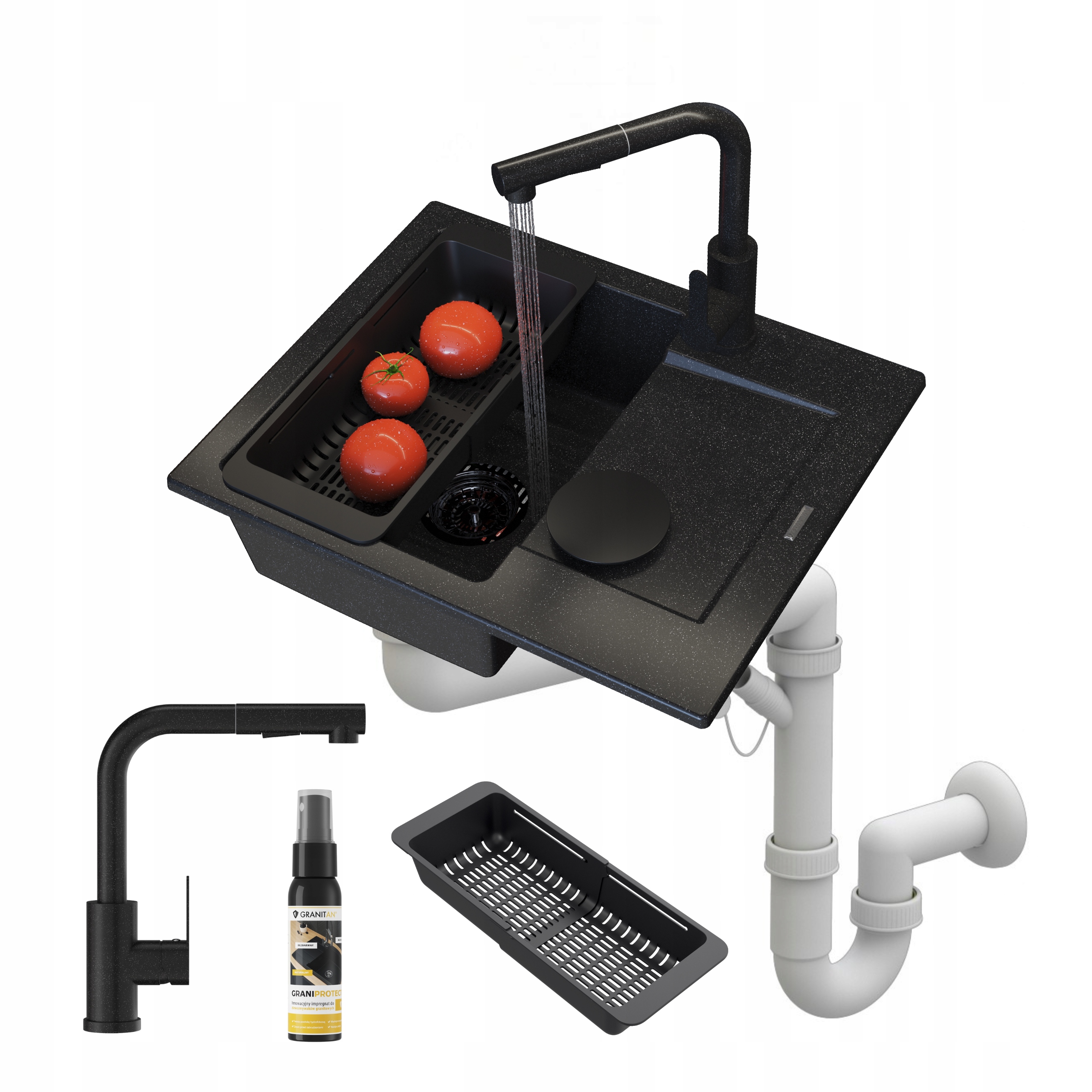 Jednokomorový granitový drez čierny Sada batérií Sifónový košík Top 6v1