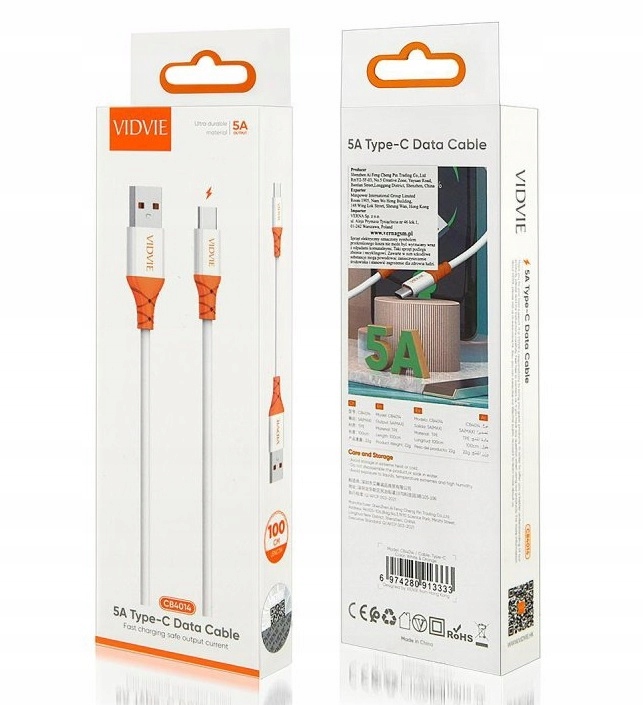 VIDVIE Kabel Przewód Fast Charge Szybkie Ładowanie 5A USB / TYPE C -1M Marka VIDVIE