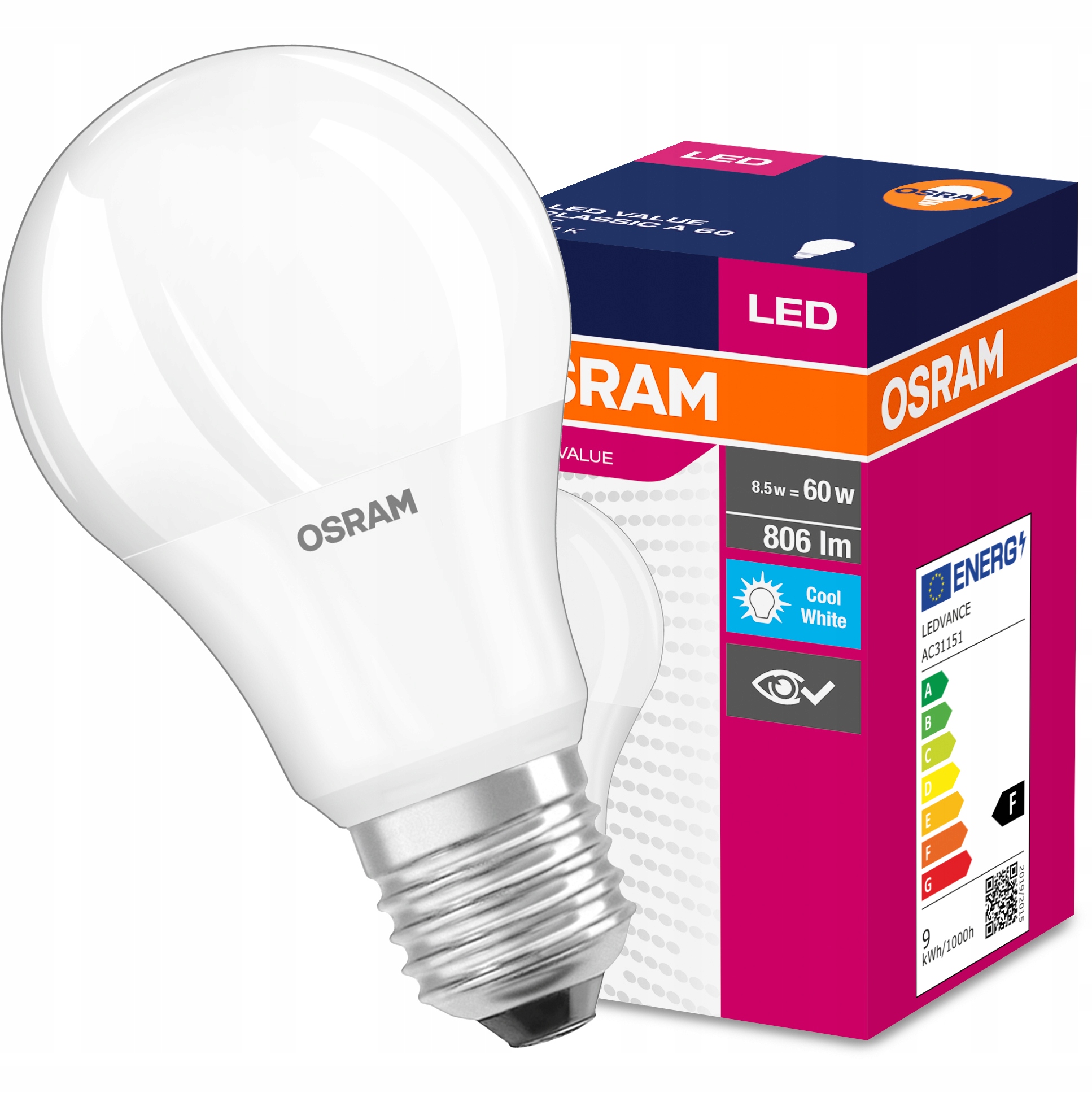 

Osram żarówka Led A60 E27 8,5W=60W 806lm 4000K
