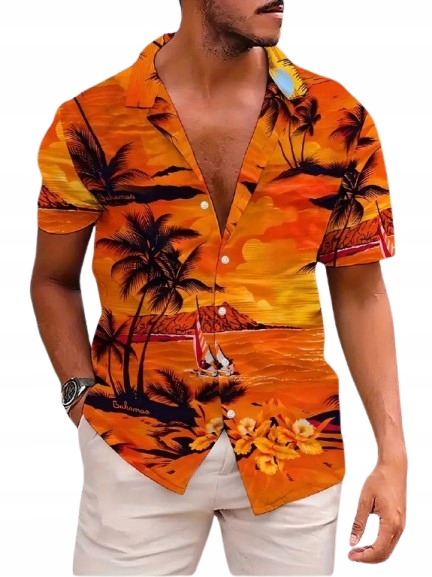 Męska Pomarańczowa Koszula Hawajska Hibiskus Palmy Lato Impreza Urlop M