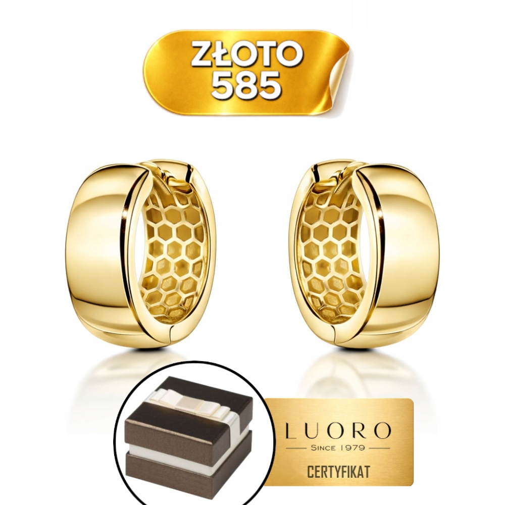 Náušnice Zlaté 585 14K Hladké Kolečka Široké 1,5 CM Krabička Dárek