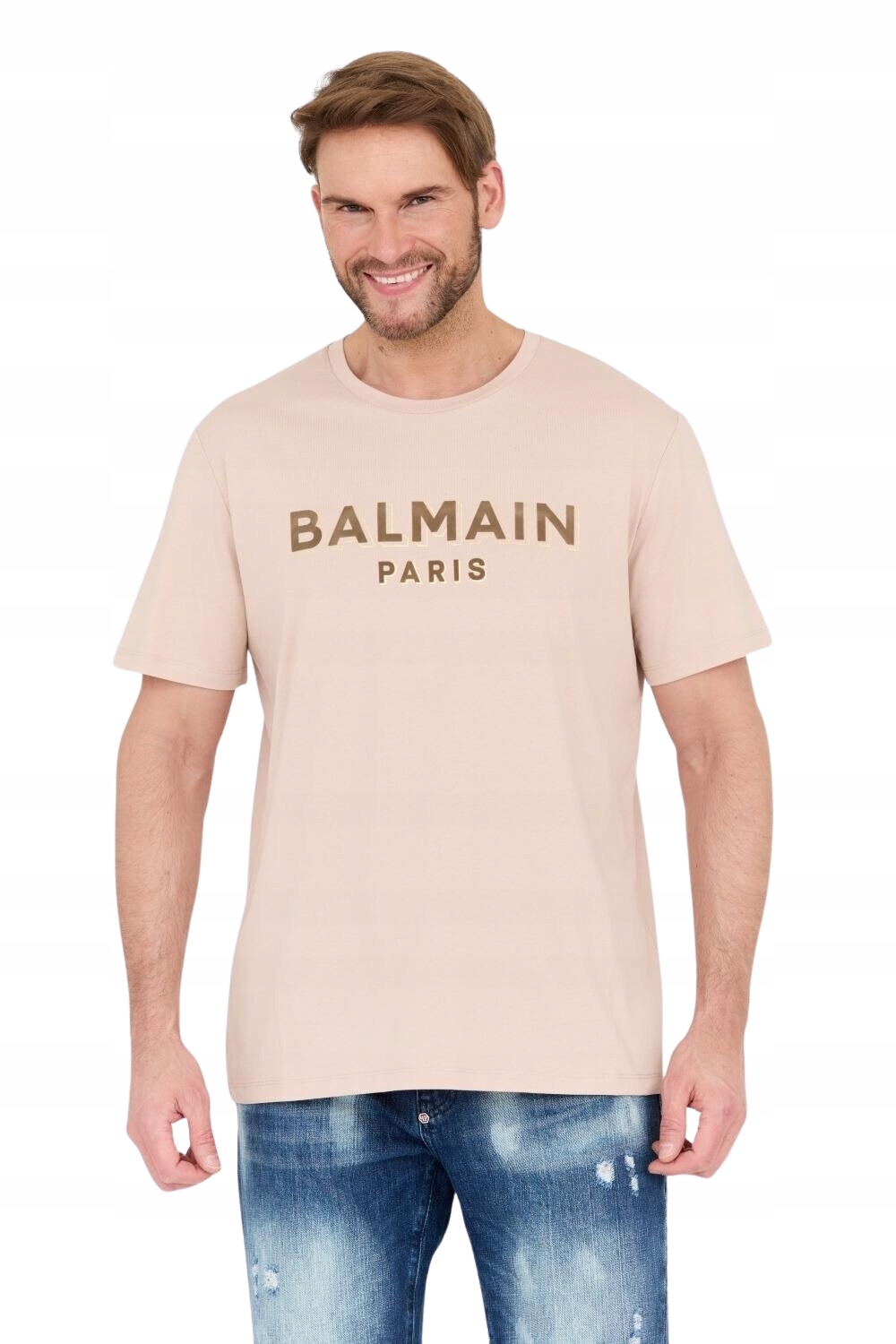 BALMAIN Béžové tričko so zamatovým logom L