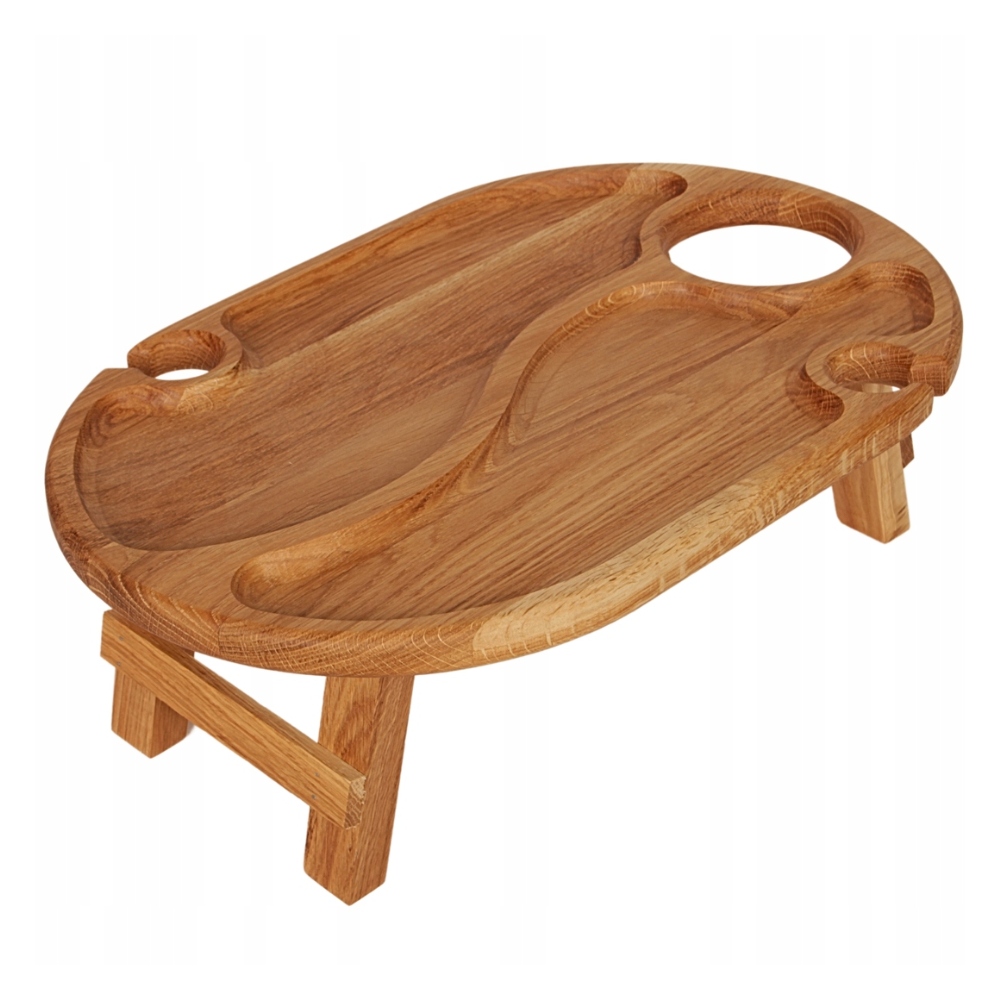 Dubová deska s nožkami, oválný podnos na piknik, víno, skleničky, občerstvení