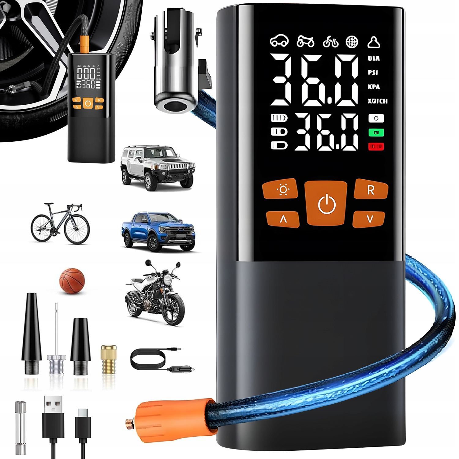 Pompka 150PSI Z 5 Trybami Auto Wyłącz. 23L/MIN Latarka 3POZ. 6000MAH