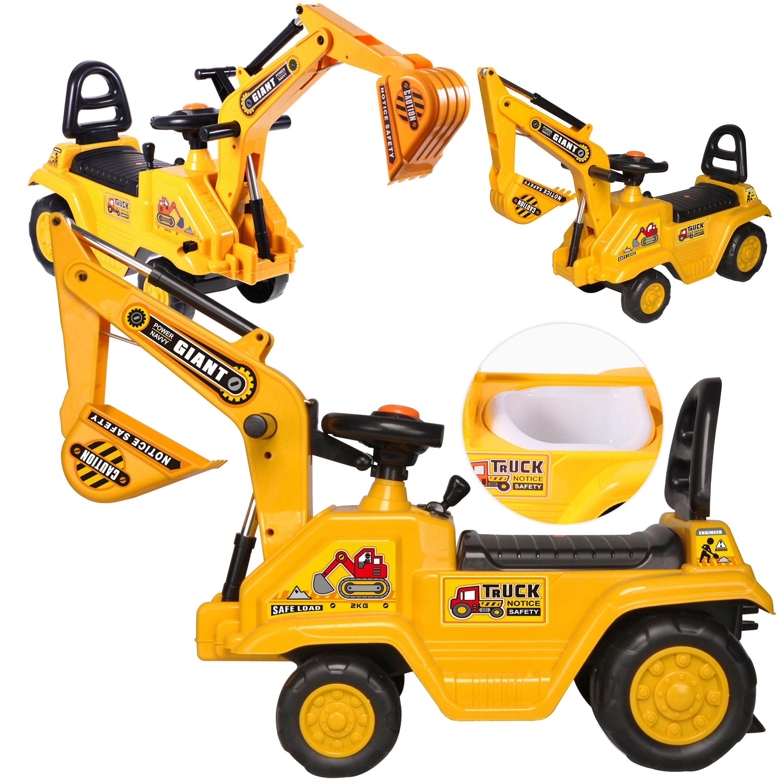 Duża Koparka Dla Dzieci Jeździk Pchacz Ruchoma Łyżka 25 Kg Wbudowany Nocnik