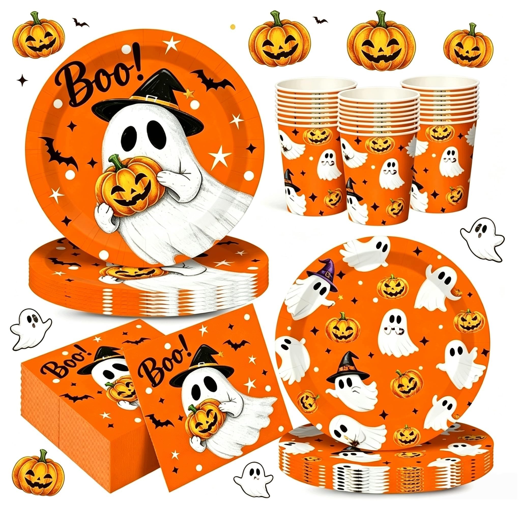 Sada Halloween 68 Dílů Talíře Hrnky Ubrousky Duchové Na Jedno Použití