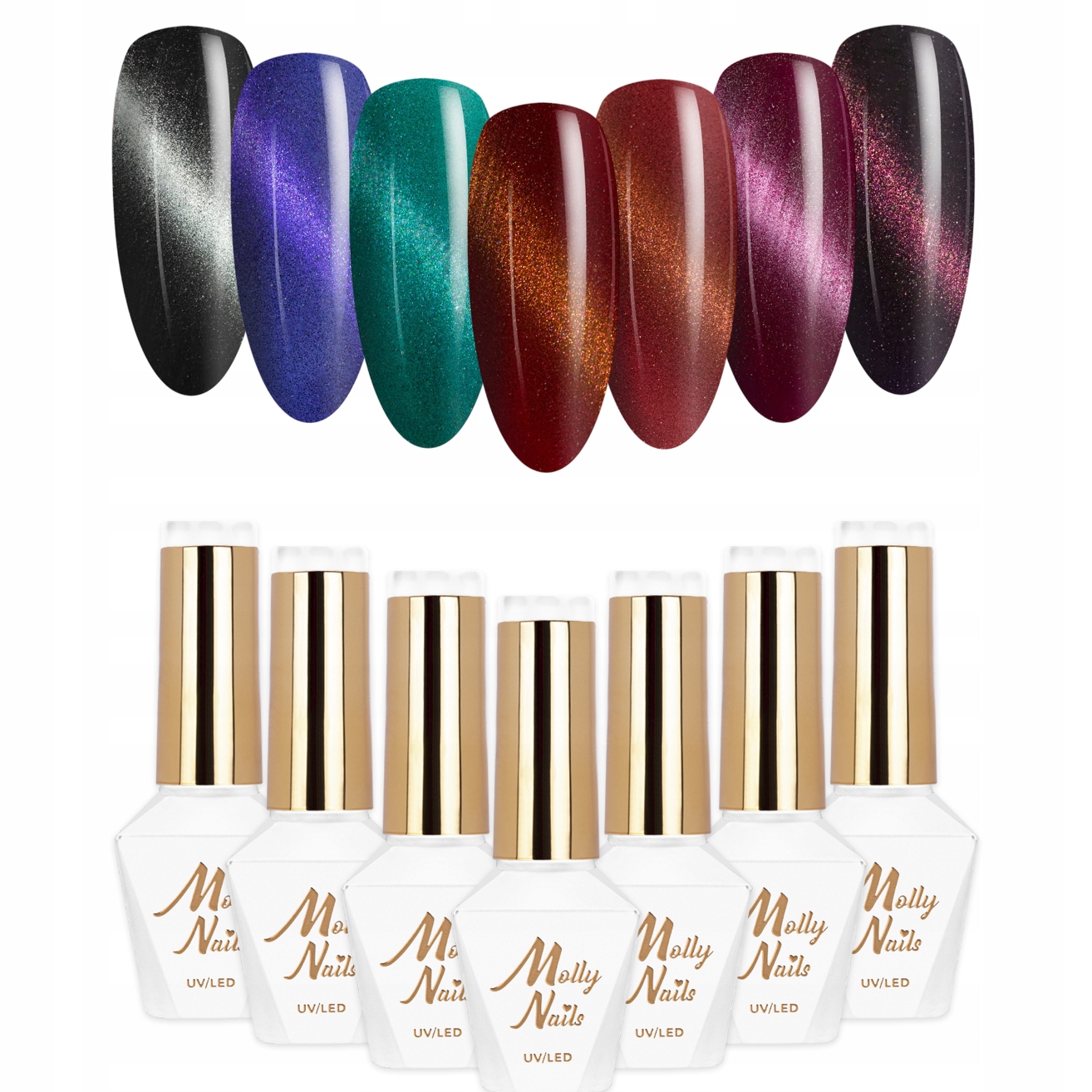 7x Lakier Hybrydowy Mollynails Cat Eye Seduction Zestaw 7w1 Do Paznokci