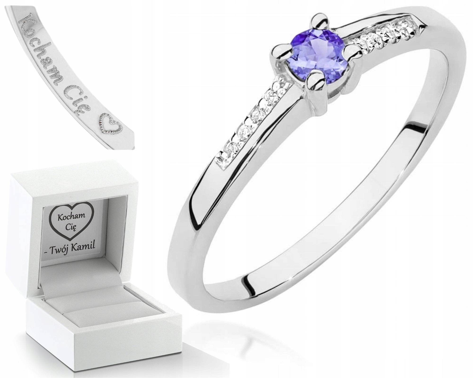 Zlatý Prstýnek S Tanzanitem, Diamanty, Bílé Zlato 585, Gravírování