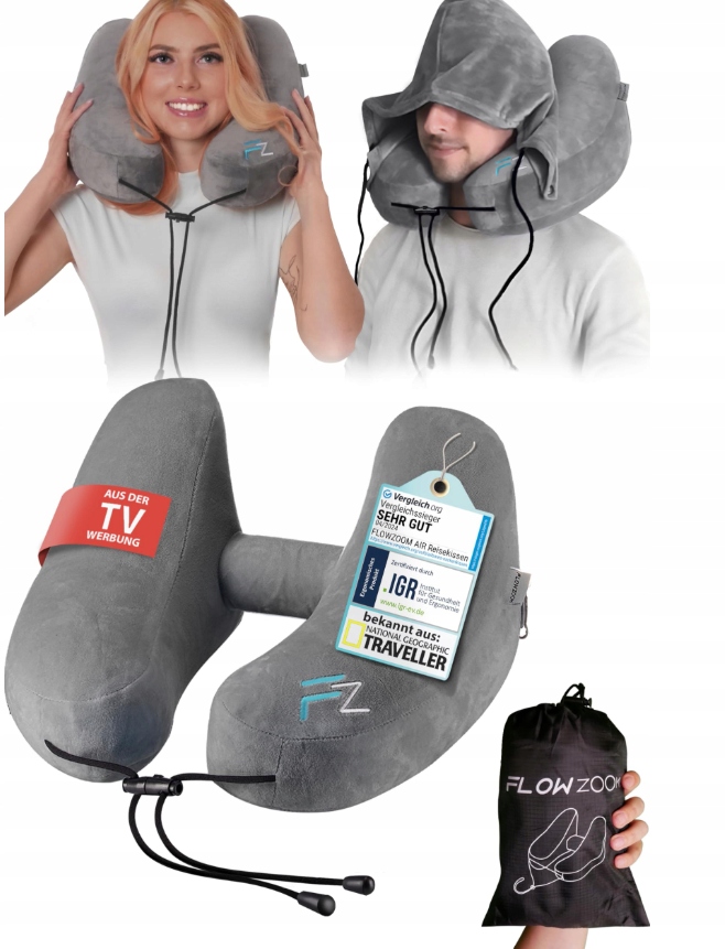 Flowzoom Polštář Ergonomický Nafukovací na krk Cestovní do auta Letadlo