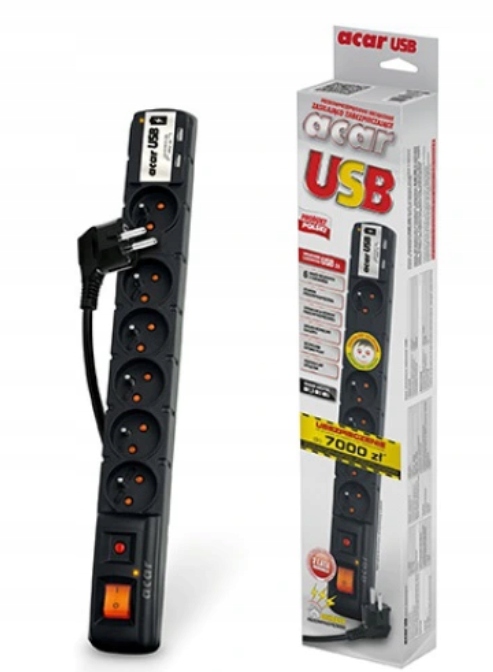 Listwa Zasilająca Acar Usb 1,5M Czarna przedłużacz przeciwprzepięciowy 1,5m