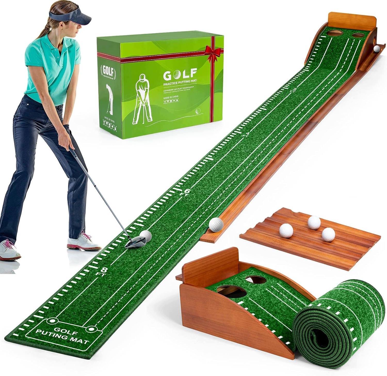 Golfová podložka na puttování Yeemoutylo 305 x 33 cm s vrácením míče