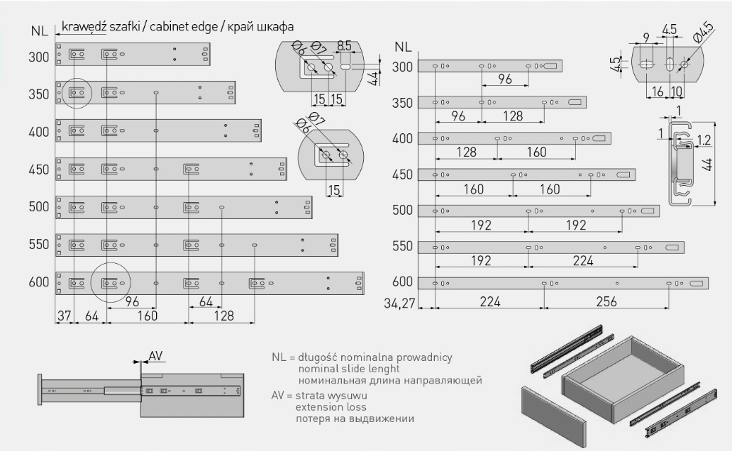 Prowadnica kulkowa Versalite 550 CICHY DOMYK Długość 550 mm