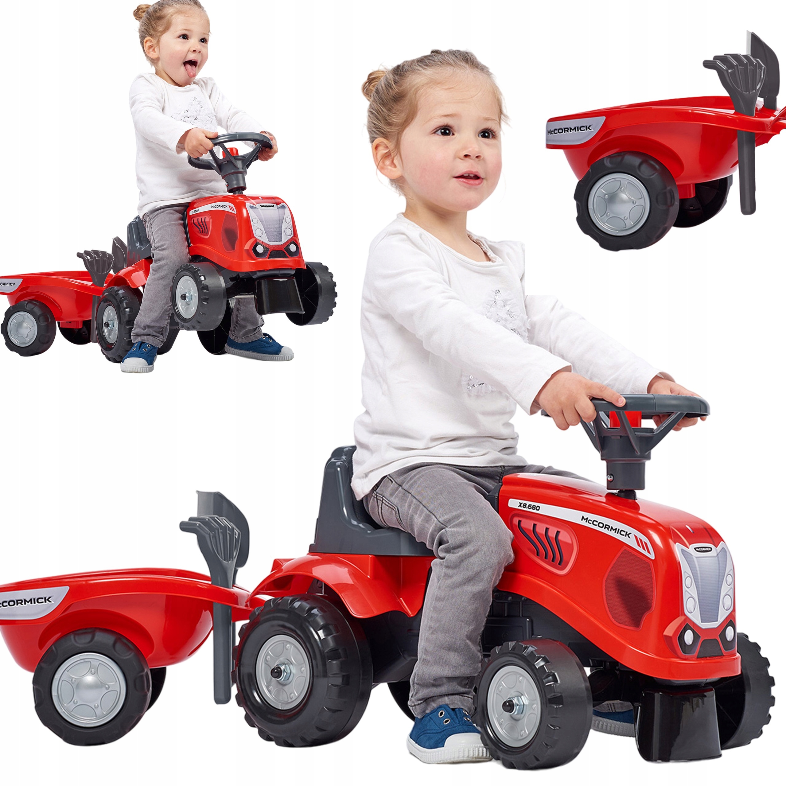 Traktorek Jeździk Baby Mac Cormick Czerwony Z Przyczepką Akcesoria 1+ Falk