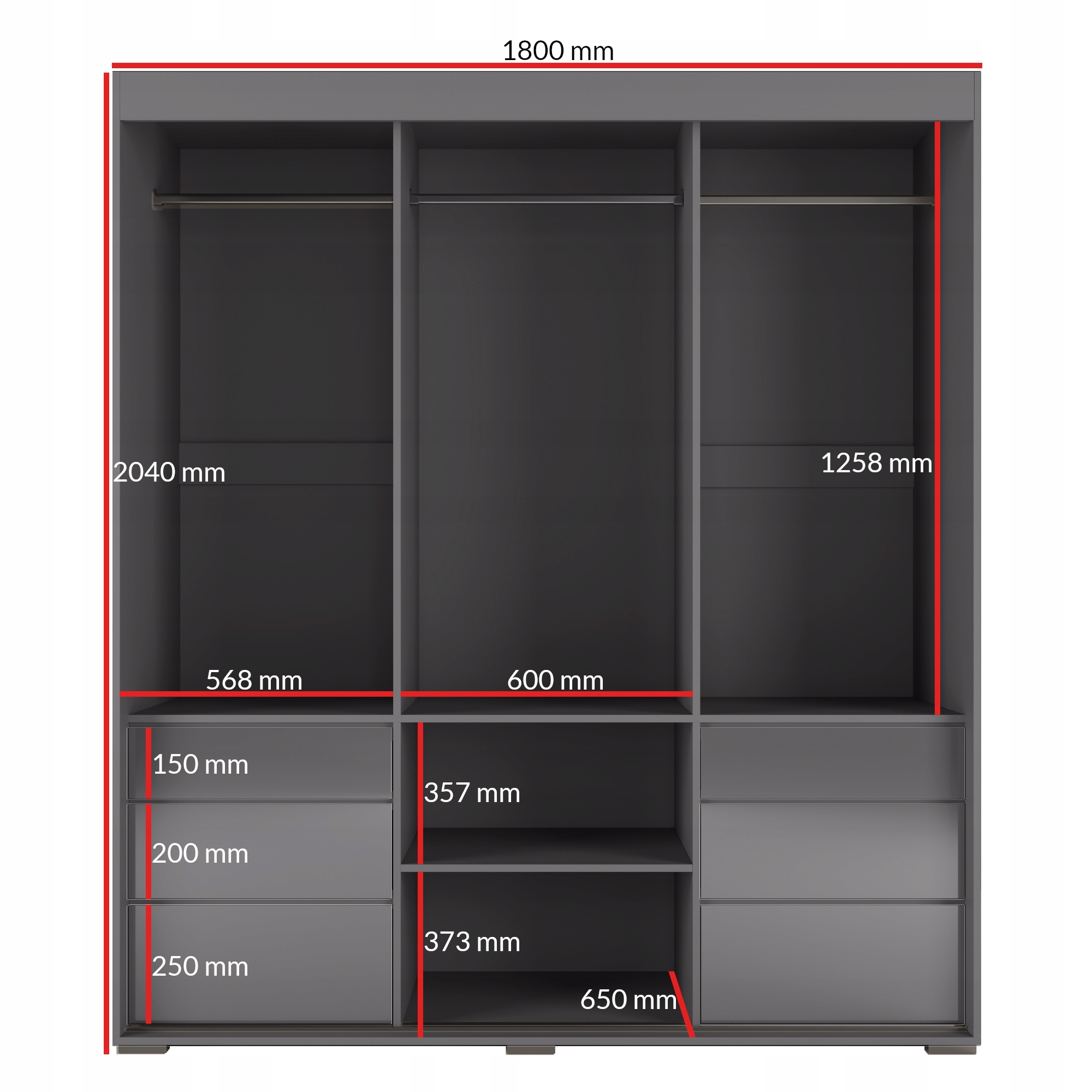 Szafa przesuwna z szufladami Torino 3D 180 Szara (lacobel)