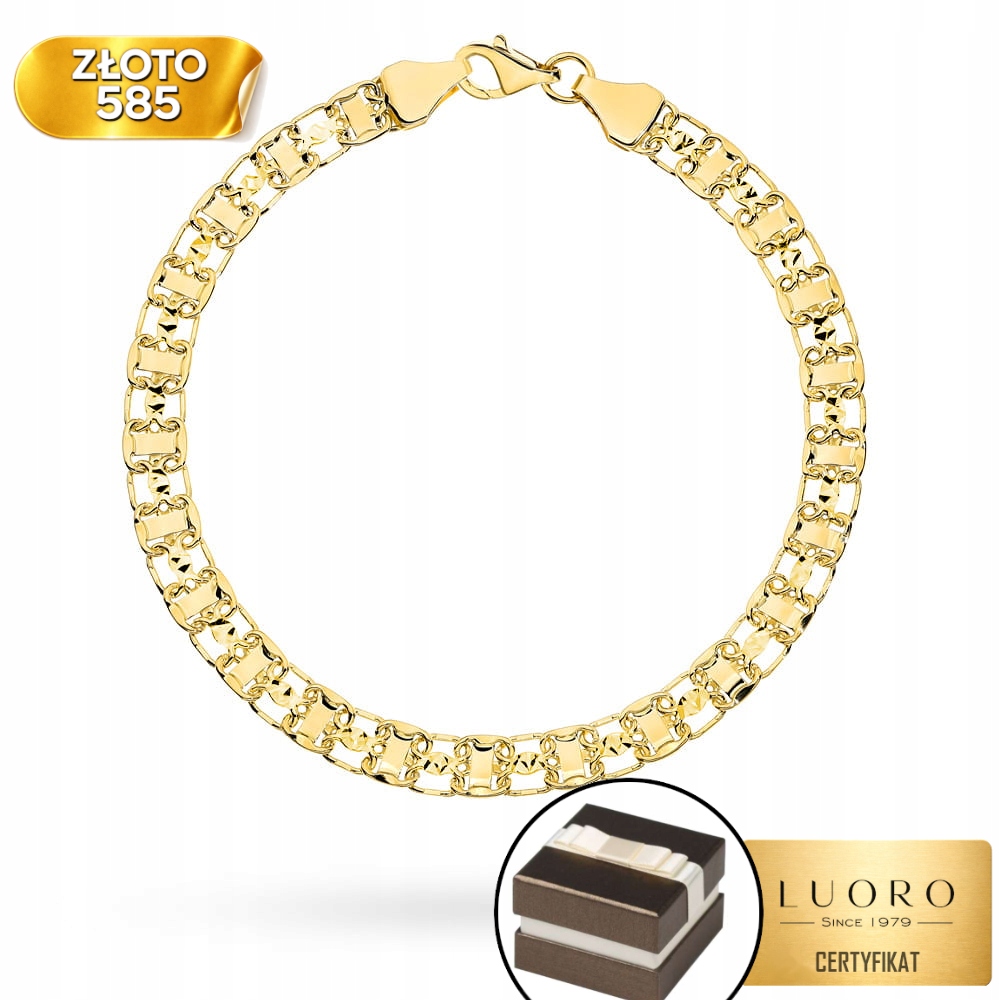 Zlatý Náramek 585 14K Diamantové Zdobení Plochý 19,5 CM Elegantní