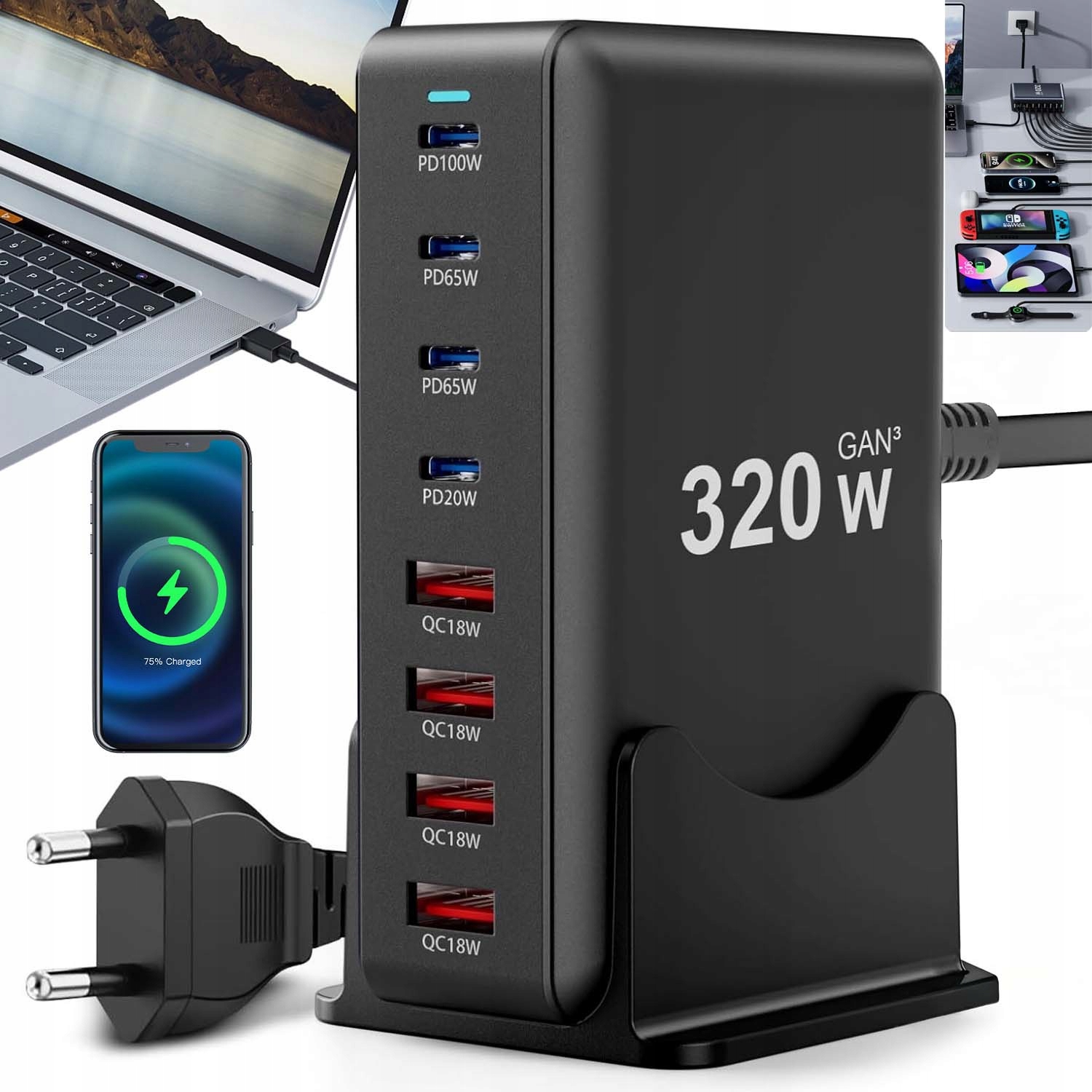 Superrychlá Nabíječka Pd GAN3 320W 8 Portů Usb-c Usb Pro Notebooky A Telefony