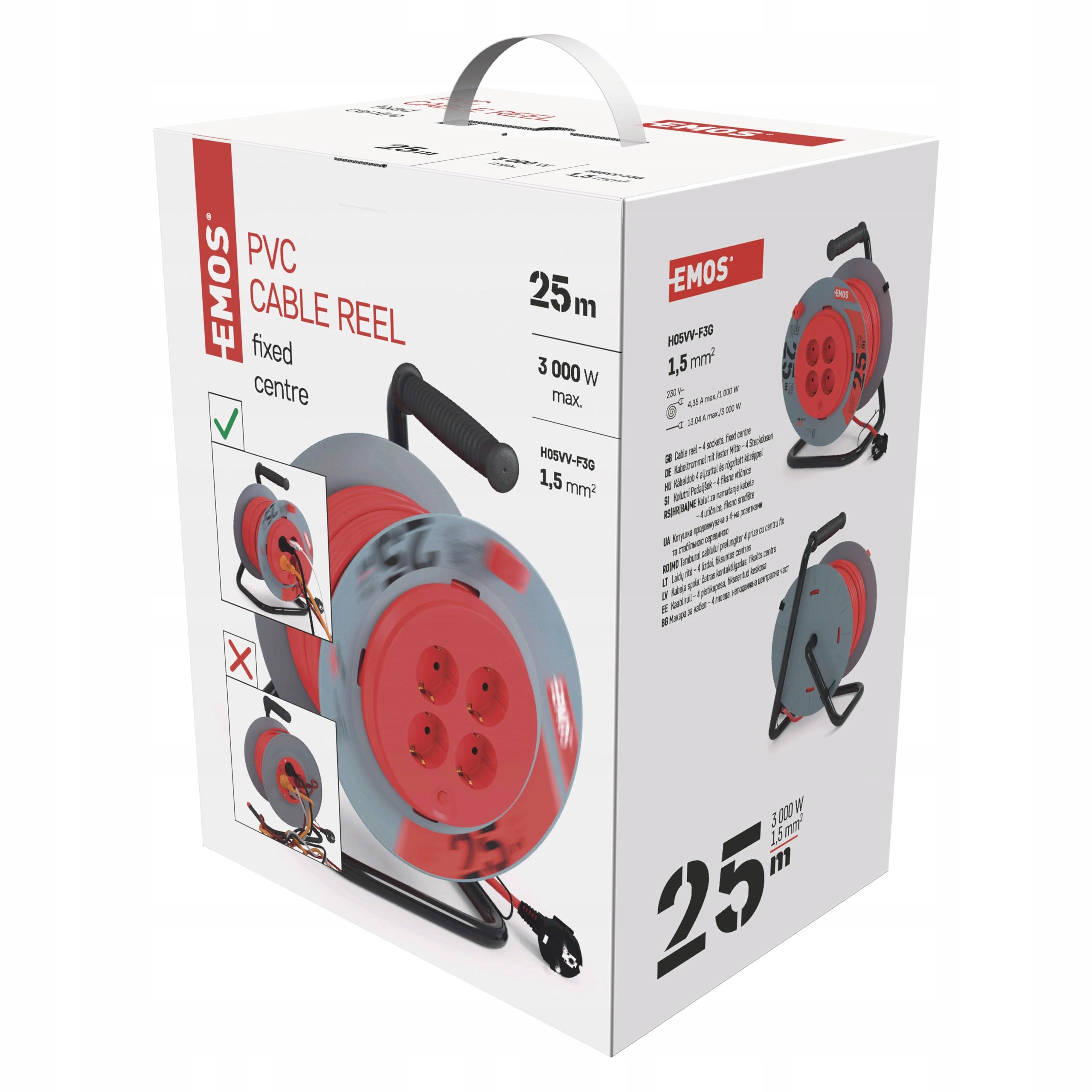 EMOS Kabel Bębnowy 25m 4 Gniazda Schuko 230V 3000W Ochrona Przegrzaniem — miniatura 7