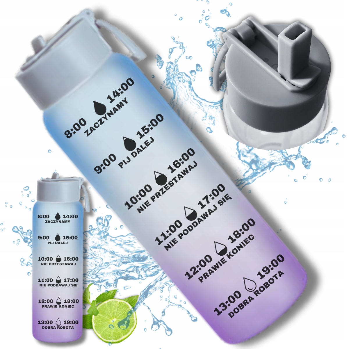 MOTYWACYJNA BUTELKA DO PICIA WODY SZKLANA NIEBIESKA BIDON ZE SŁOMKĄ 1l