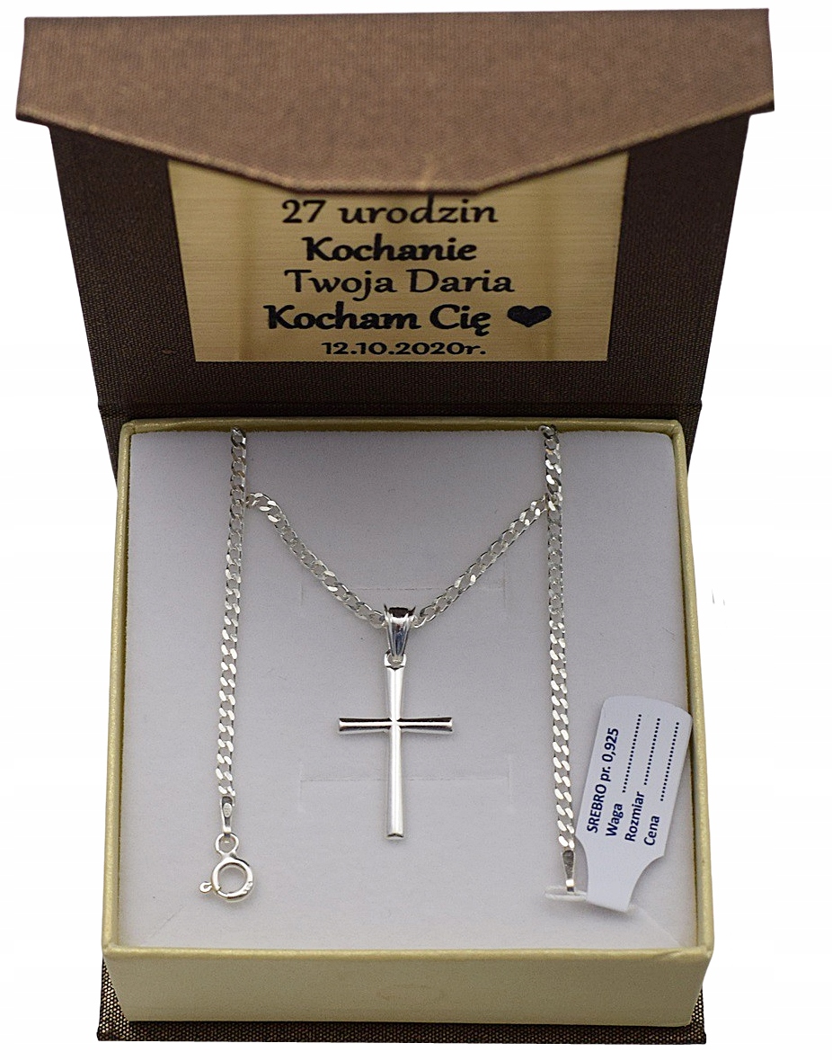 Łańcuszek Srebrny Pancerka Pełny Diamentowany Krzyżyk pr 925 Grawer Gratis