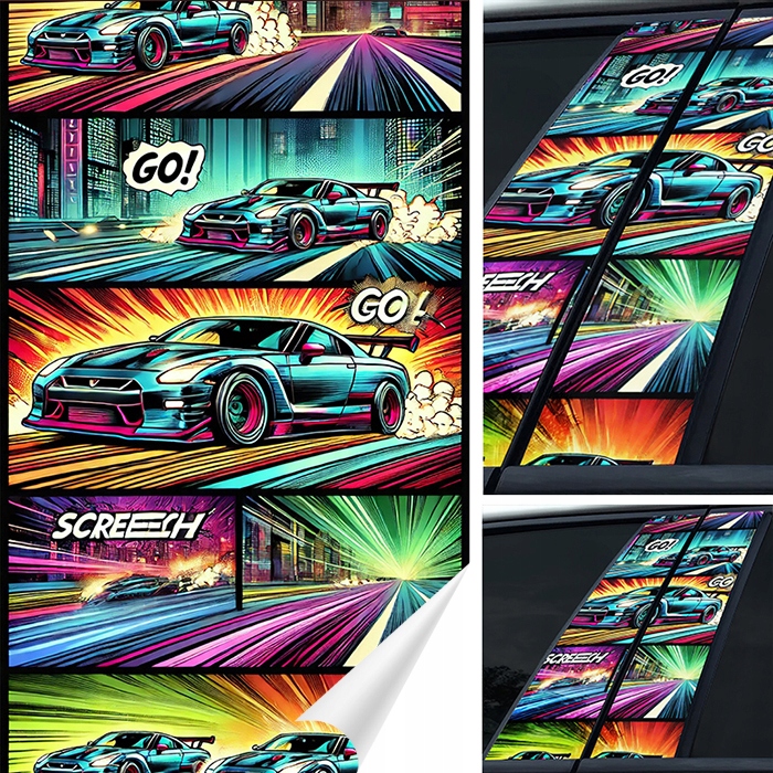 2x Nálepka na sloupky dveří auta Barevný Komiks 50x30 Kanálová